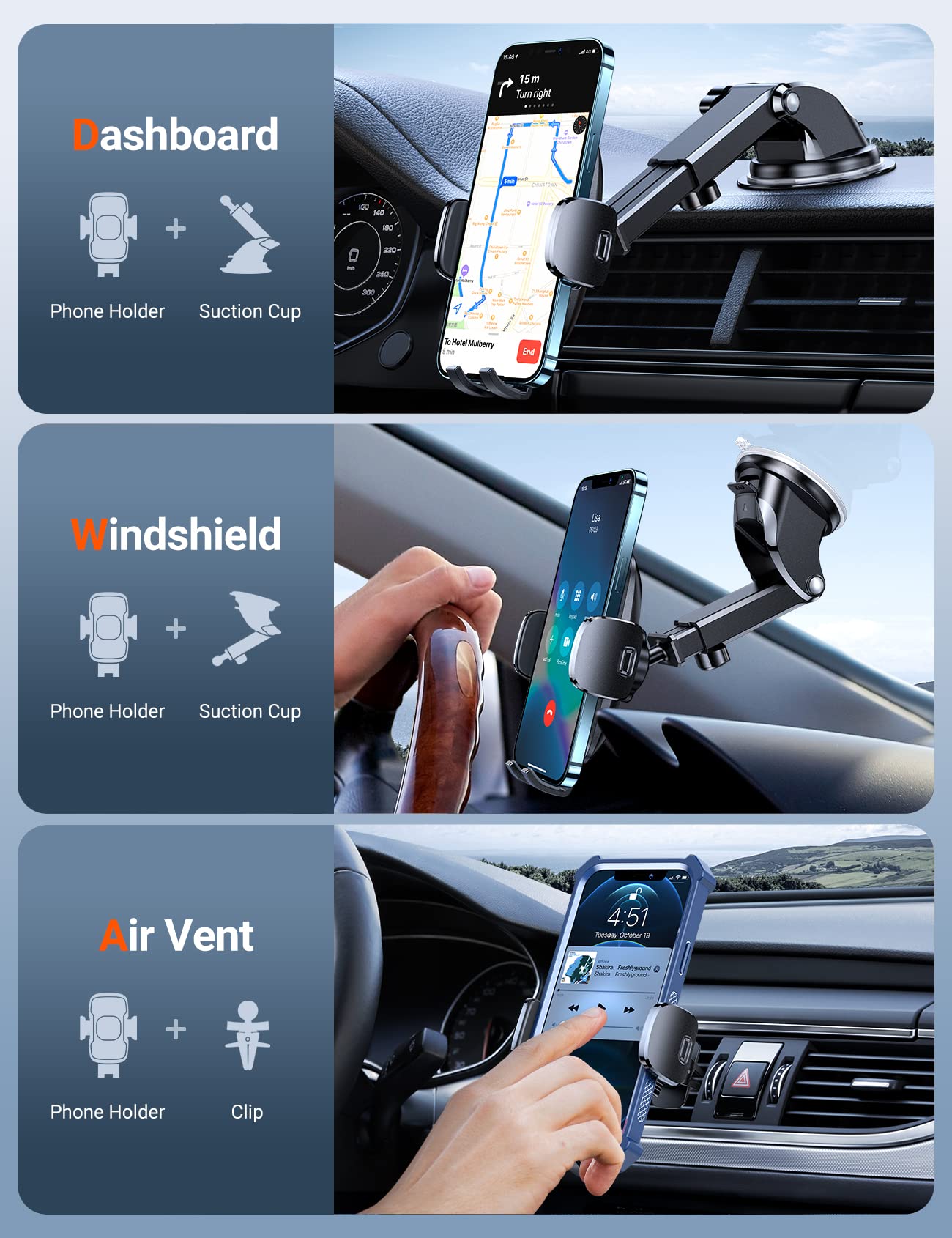 TORRAS [Ultra-Durable Cell Phone Holder for Car, Universal Mount Dashboard Windshield Vent Compatible with iPhone 16 15 14 13 12 Pro Max, Samsung Galaxy S23+ Ultra S10 Note Plus