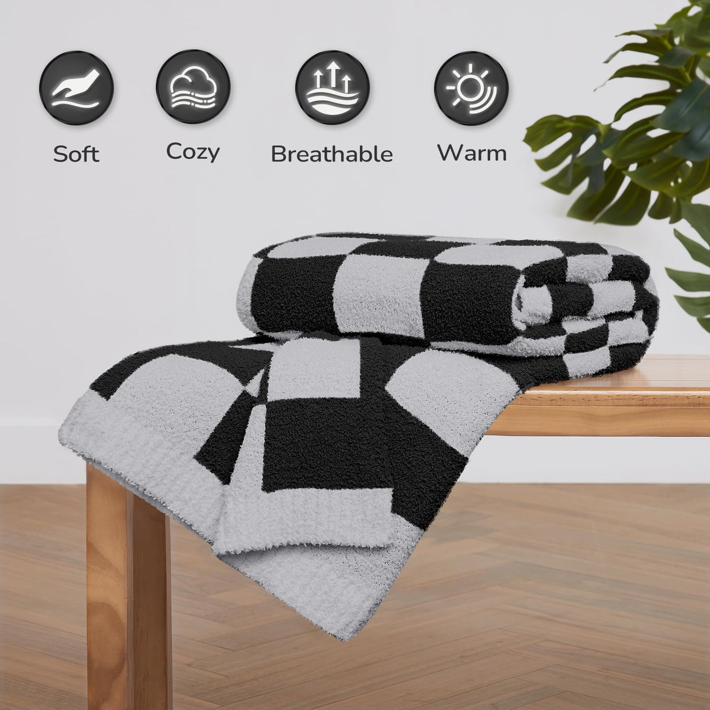 Basic Beyond Black Throw Blanket for Couch, Super Soft Fluffy Checkered Blanket, Cozy Fuzzy Throw Blankets for Bed, Sofa, Chair, 50x60
