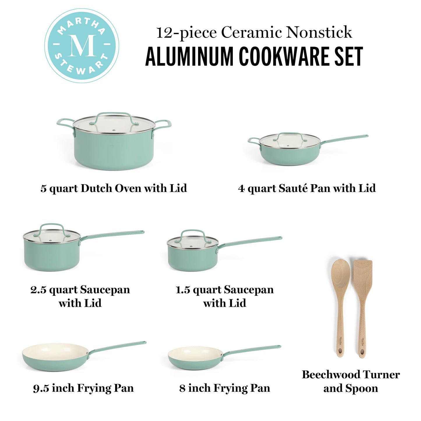 Martha Stewart Emmeline Premium Nonstick PFA Free Ceramic Interior 12 Piece Heavy Gauge Enamel Aluminum Pots and Pans Cookware Set - Teal