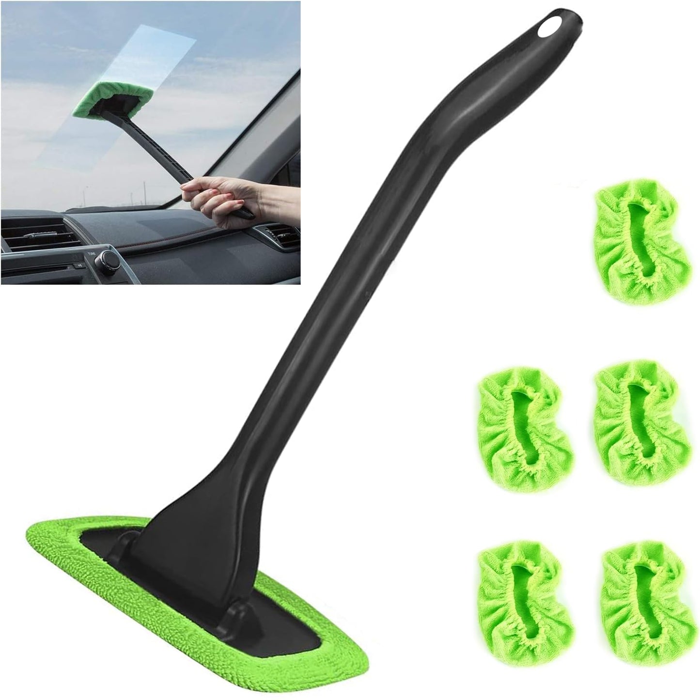 Windshield Cleaning Tool Windshield Cleaning Wand Auto Window Cleaner,5 Pieces Reusable Cloth Pads for Car Interior, Dirty Car Washing Brushes (Green)