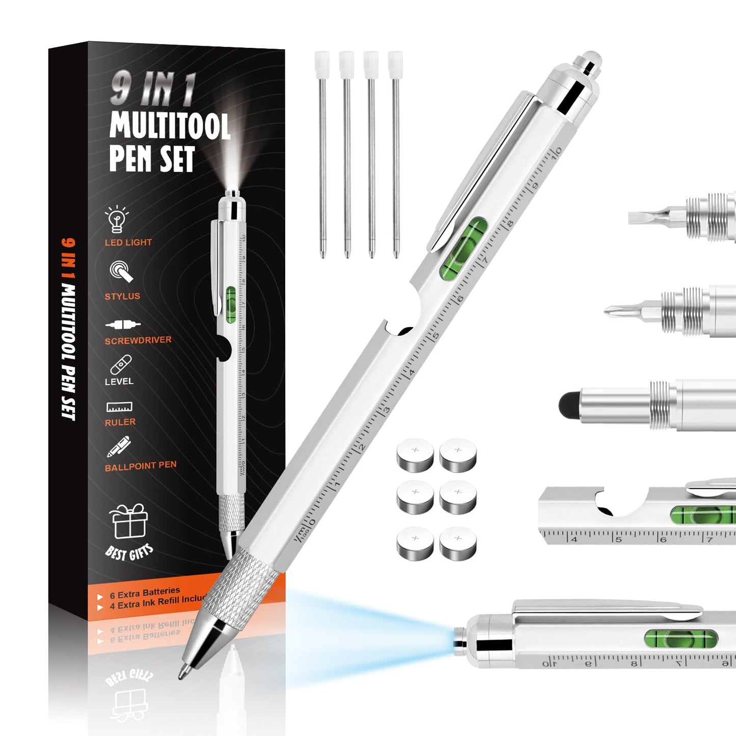 Cool Pen Gifts for Men, 9-in-1 Multi Tool Tech Pen Gadgets Tools for Men, Personalized Gifts for Dad or Him, Funny Gift for Christmas, Father's Day Valentines or Birthdays Gifts (9 IN 1 Silver)