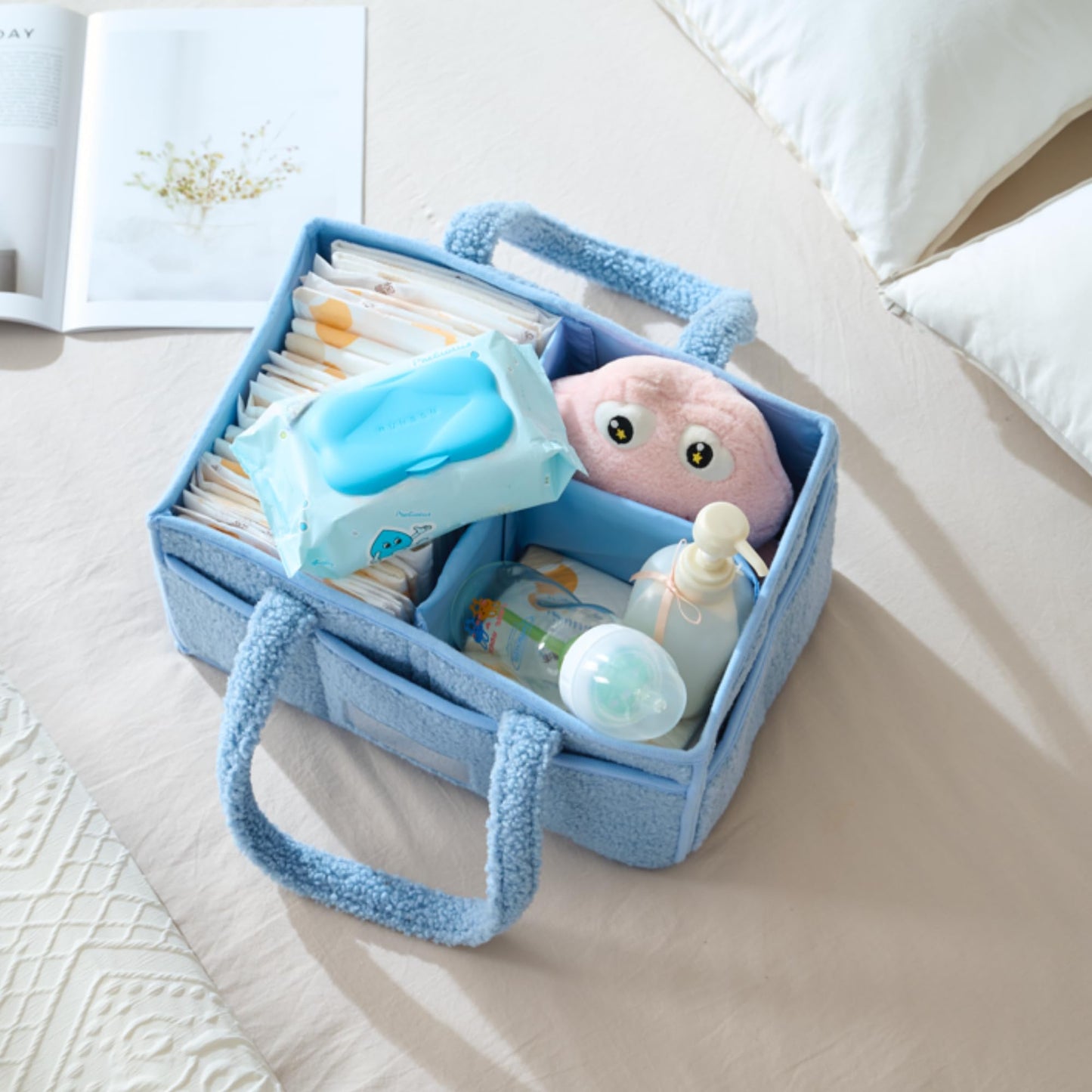 luxury little Diaper Caddy Organizer, Large Cotton Rope Nursery Baby Basket, Changing Table Organizer for Baby Diaper Storage, Portable Car Organizer with Removable Divider (Blue)