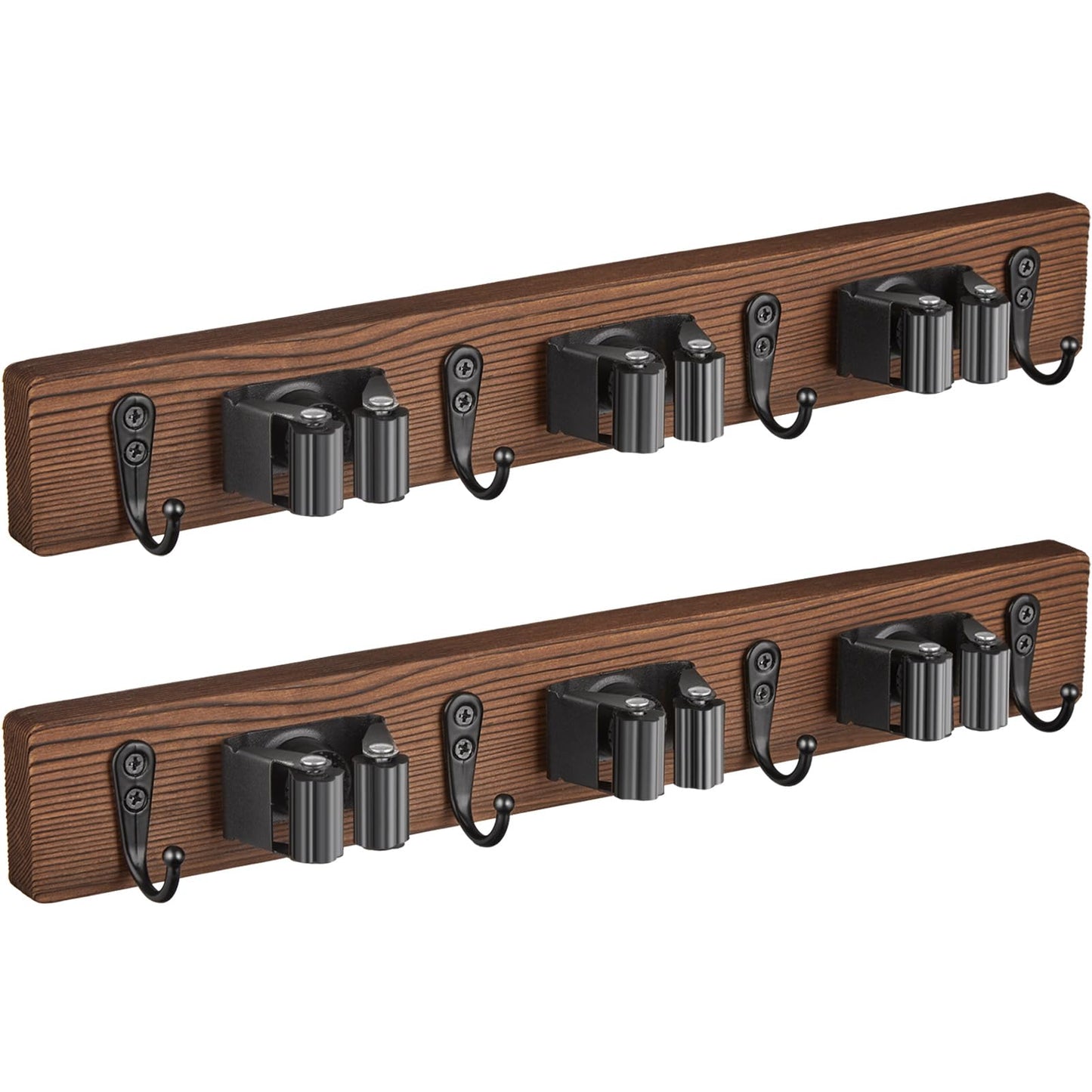 Mop and Broom Holder Wall Mount - Rustic Wood Broom Mop Hanger - Wall Mounted Garden Tool Rack Organizer for Closet Garage Laundry Room Kitchen Decor With 4 Slots & 4 Hooks