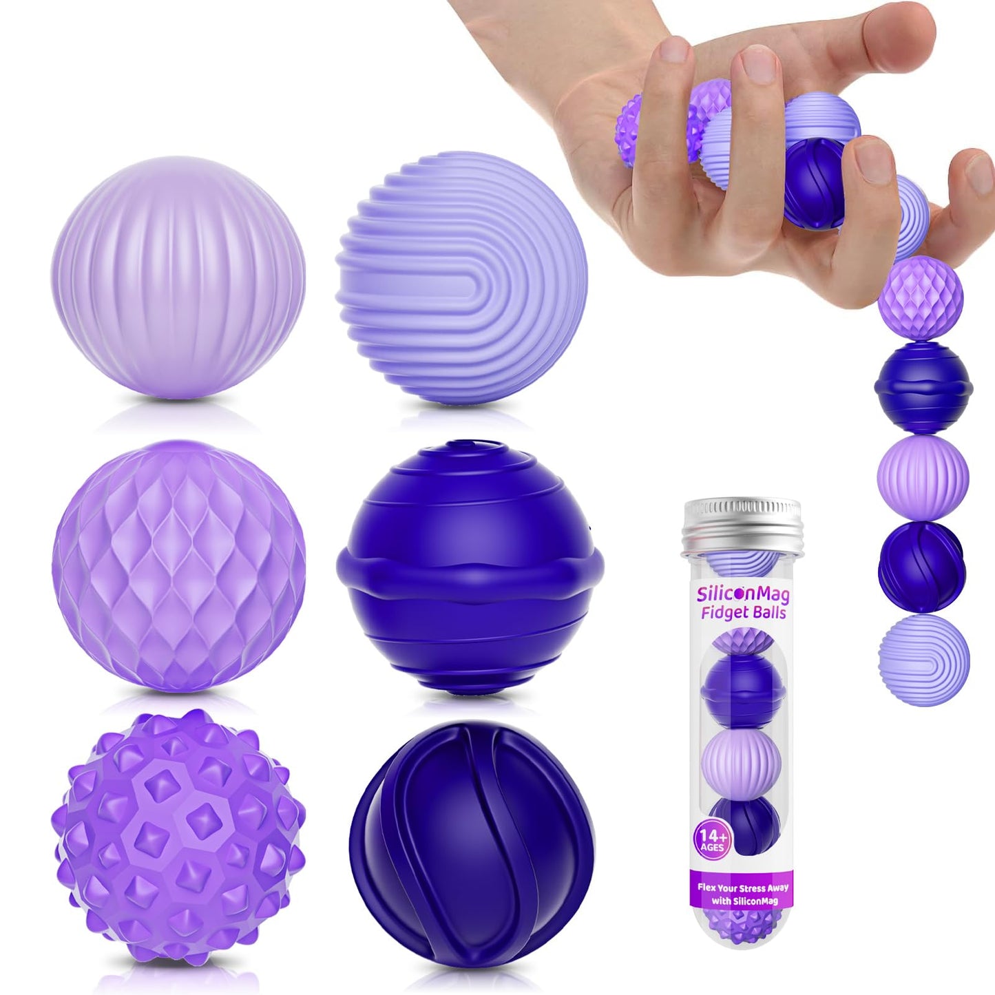 Silicone Magnetic Balls, Fidget Toys, 6-Pack Stress Relief Toys for Adults, Teens, Sensory Toy for Fingers Hands, Quiet Office Desk Toys with Textures, Magnet Fidget Fun Gift (Purple)