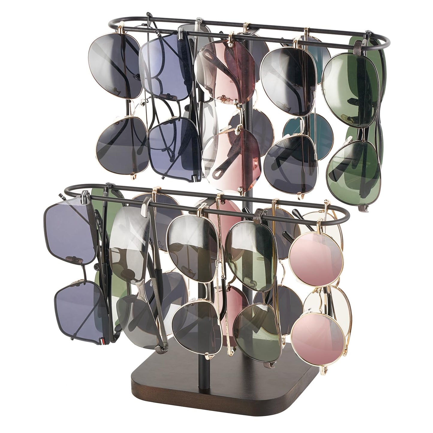 Mkono Sunglasses Organizer Glasses Holder Stand for 24 Pairs of Eyewear, 2 Tier Sunglass Storage Eyeglasses Display Rack Metal Frame with Wood Base for Table Desk Countertop Dresser Bedroom, Black