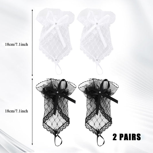 2 Pairs Lace Gloves Women Tea Party, Lace Fingerless Bridal Gloves with Bow Rhinestone for Banquet Tea Party Wedding Bridal (Black White)