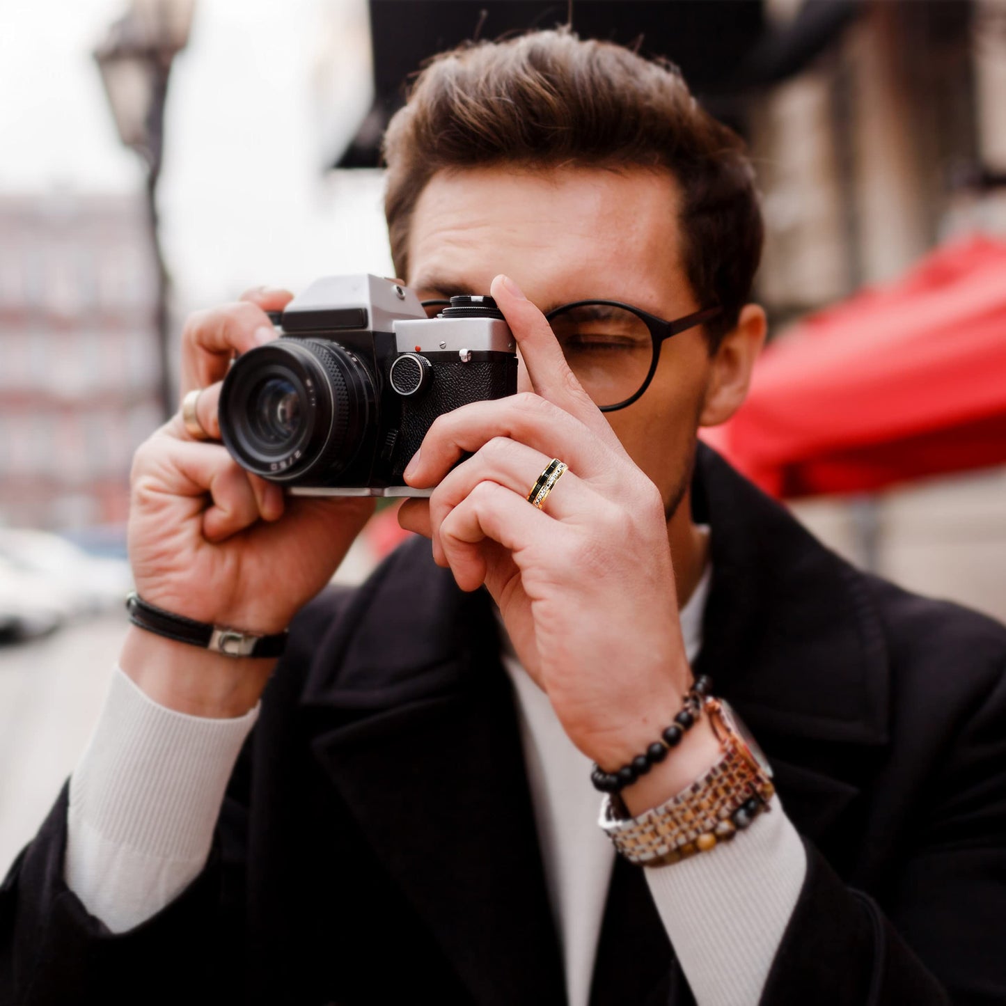 18K Gold Plated Roman Numeral Cubic Zirconia Ring for Men, Square CZ Gold Rings for Men, Spinner Silver Mens Rings Stainless Steel Size 5-13 (Gold Zirconia Ring, 9)