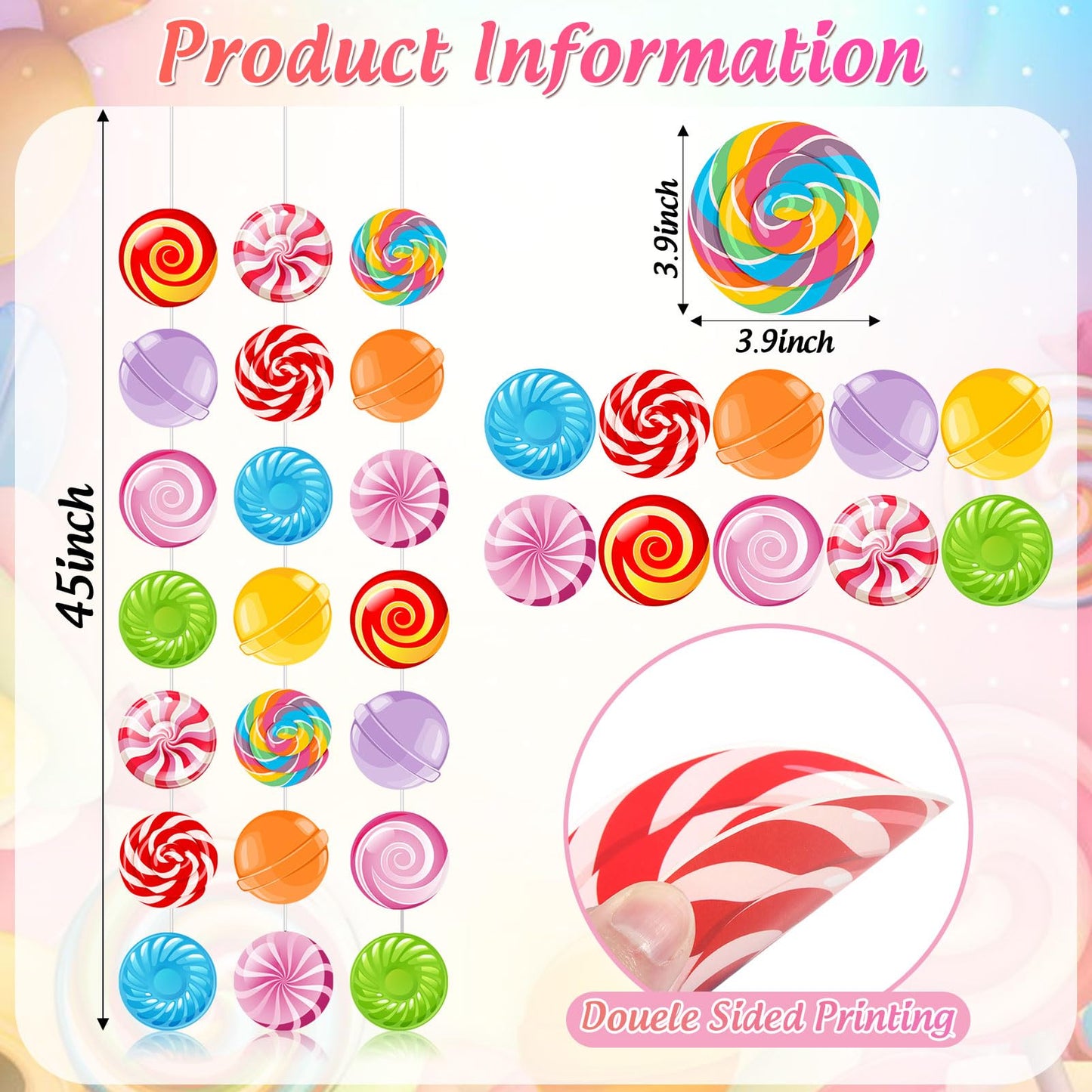 8pcs Candyland Party Decorations Candy Garland Banner Gumdrop Decorations Giant Candy Hanging Swirl Candy Land Theme Birthday Party Decorations Lollipop Baby Shower Party Decorations