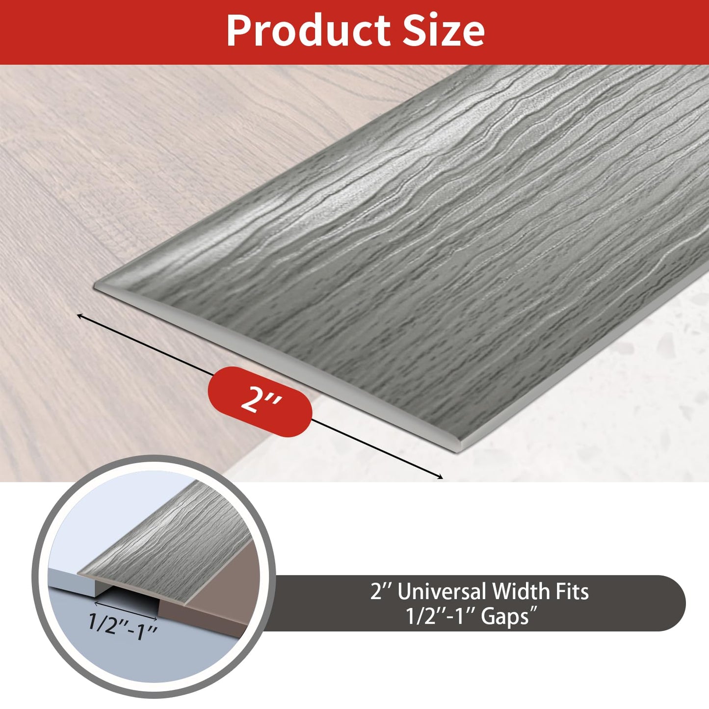 Floor Transition Strip Self Adhesive 2 Inch Wide, 6.6 FT Non-Slip Waterproof Floor Cover Strips for Floor Gaps Tiles Carpet Threshold Transition, Easy Install (Gray Wood Grain)