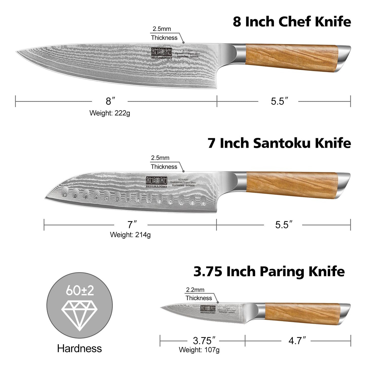 HOSHANHO Damascus Kitchen Knife Set 3-Piece, Ultra Sharp 8" Chef Knife, 7" Santoku Knife, 3.75" Paring Knife, Professional VG-10 Damascus Super Steel Chef Knife Set with Ergonomic Handle