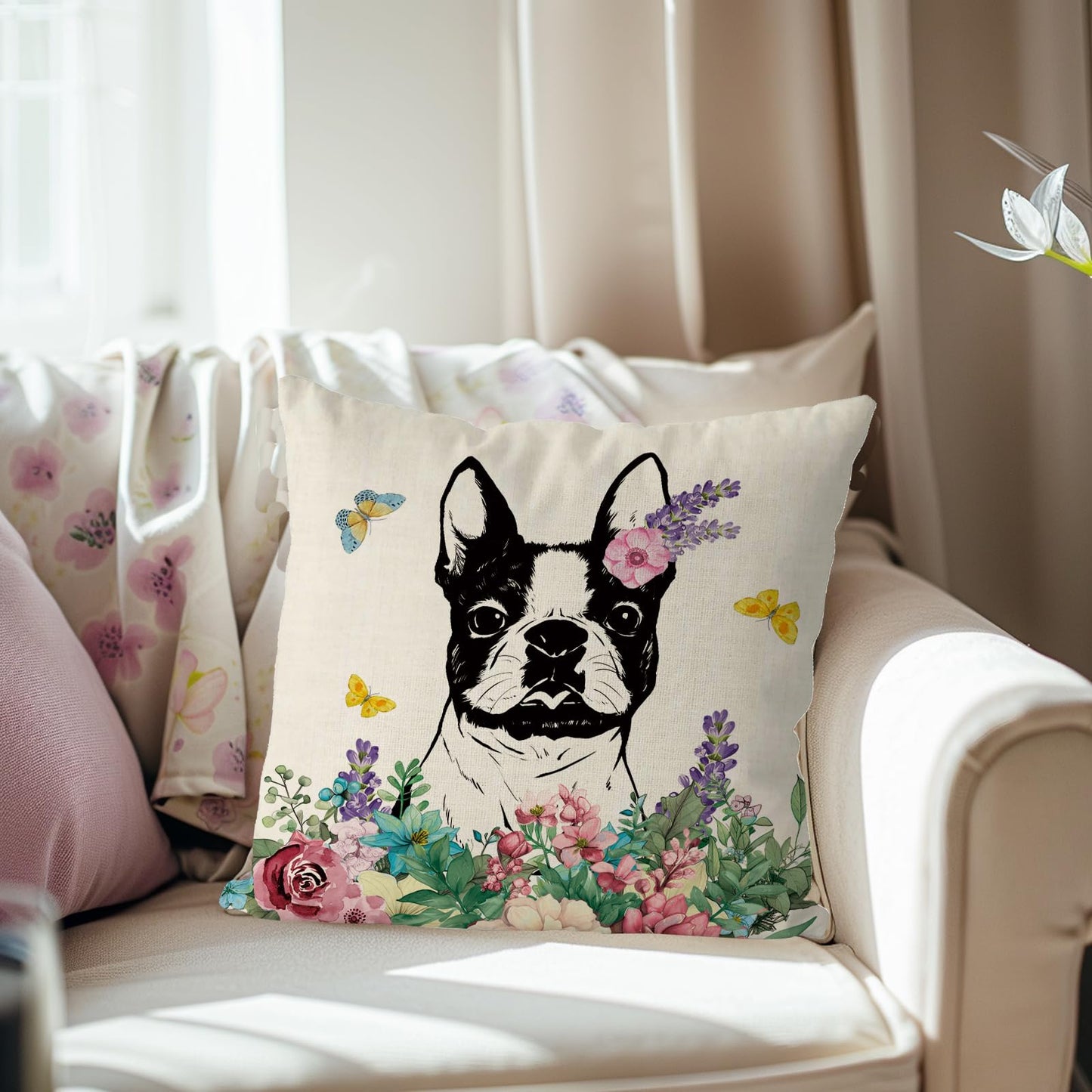 QIONG MENG Spring Pillow Covers 18x18 Inch Boston Terrier Flower Throw Pillow Case Spring Dog Cushion Case for Home Sofa Living Room Farmhouse Decorations