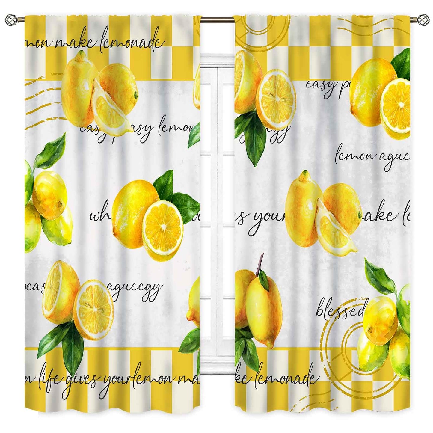 TKUYO Yellow Lemon Kitchen Curtains, Vintage Retro Summer Spring Seasonal Fruit Yellow Checkered Window Drapes Treatments for Living Room Bedroom Bathroom Cafe 2 Panels, 63"x72" Inch