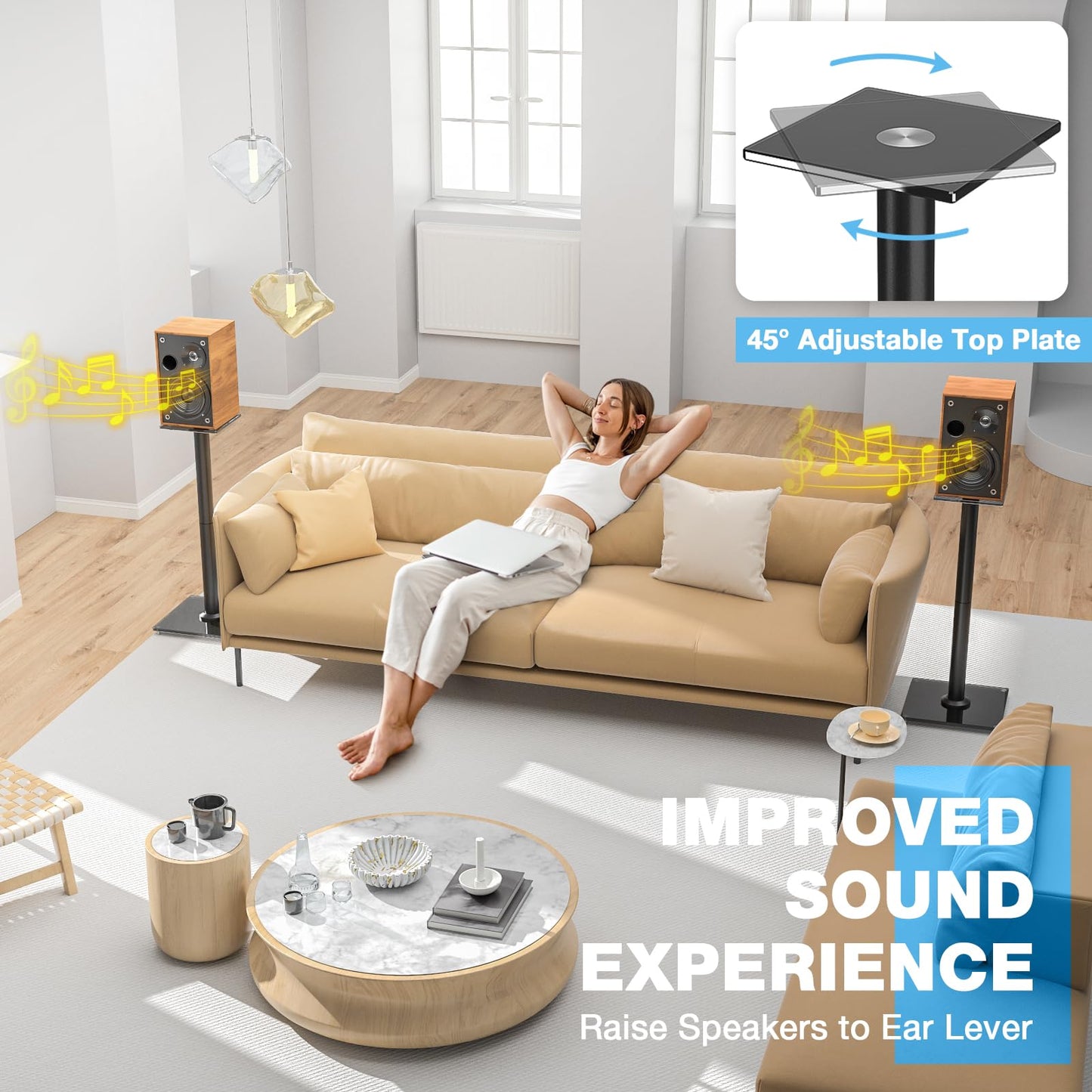 Rfiver Upgraded 45° Swivel Speaker Stands Pair for Surround Sound, Heavy Duty 28 Inch Bookshelf Speaker Stand Each Holds 22lbs Large Speaker, Floor Speaker Stand Built-in Cable Management, 1 Pair