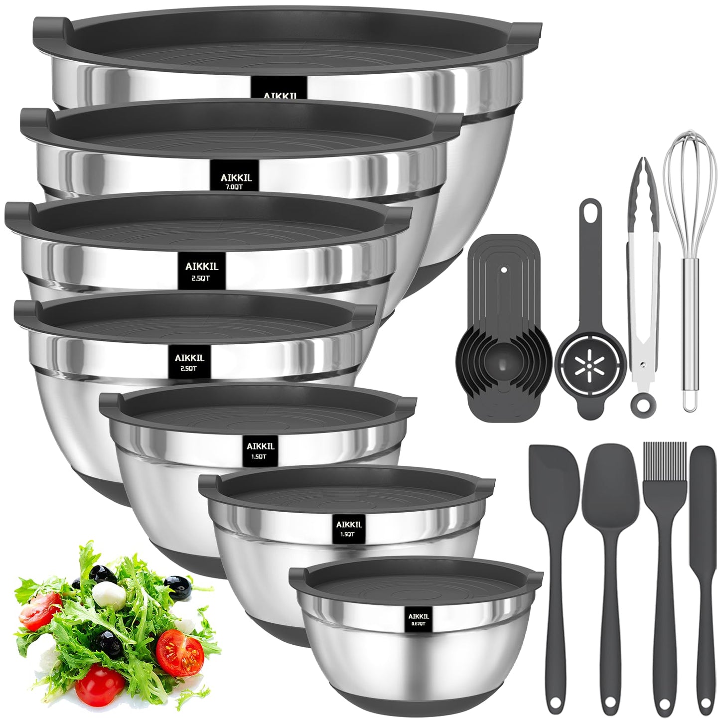 AIKKIL Mixing Bowls with Airtight Lids, 20 piece Stainless Steel Metal Nesting Bowls, Non-Slip Silicone Bottom, Size 7, 3.5, 2.5, 2.0,1.5, 1,0.67QT Great for Mixing, Baking, Serving (Grey)