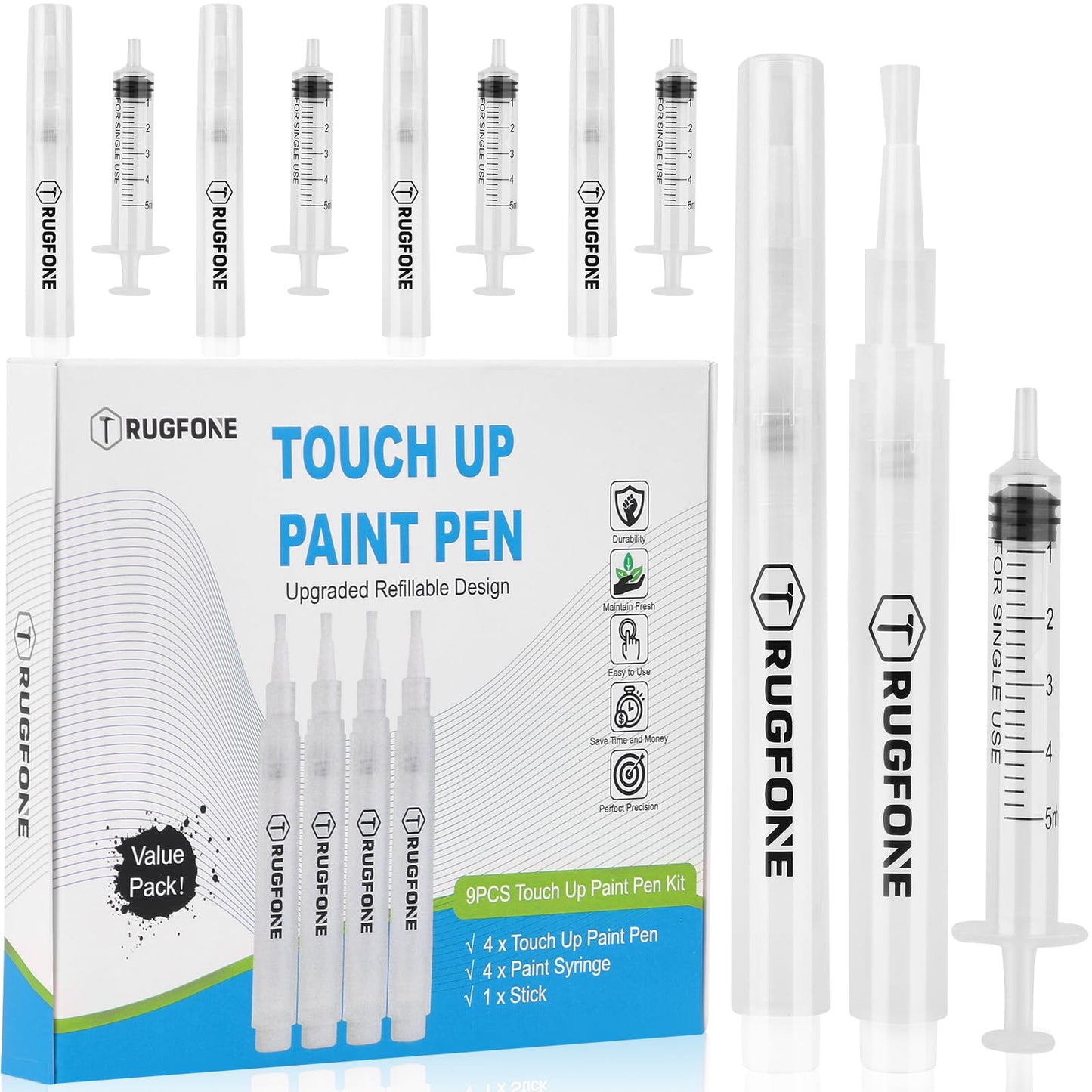 TRUGFONE Touch Up Paint Pen 4 Paint Touch Up Pens Fillable Brush Refillable for Walls Wall Repair Funiture Cabinet Wood Floor Window 6ML 9Pcs Set