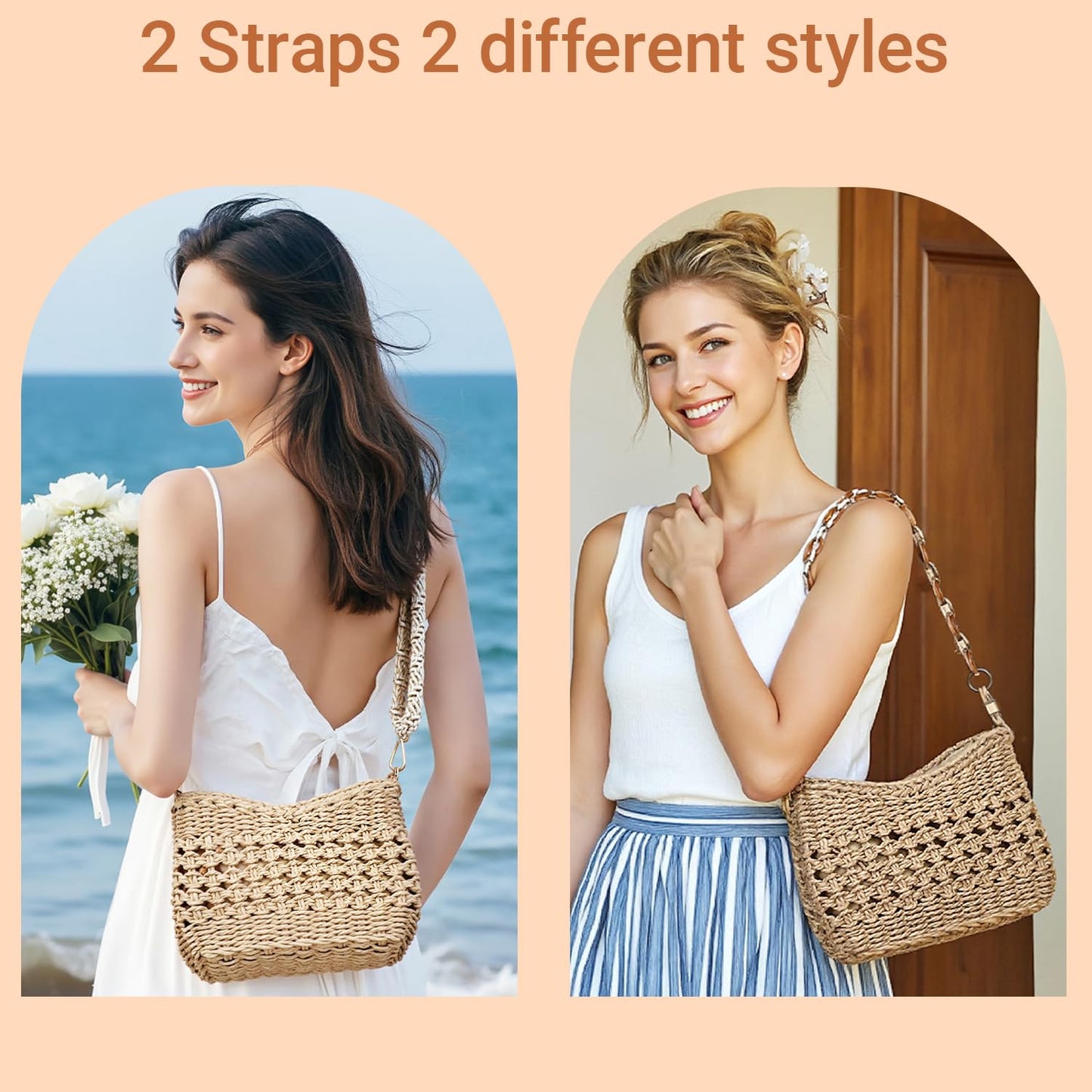 Herald Small Handmade Straw Pocketbook Crossbody Bag for Women, Summer Chic Woven Handbag Shoulder Purse with Chain (Hollow Out Coffee)