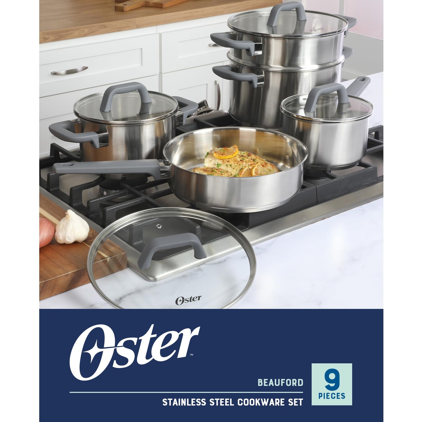 Oster Beauford 9 Piece Stainless Steel Non-Toxic Pots and Pans Cookware Set W/Tri-Ply Encapsulated Bottom & Soft Touch Handles