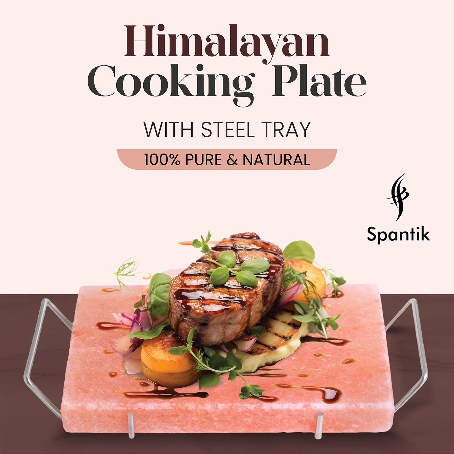 Spantik Professional Salt Block Set with Steel Tray 12" x 8" x 1.5" Himalayan Cooking Plate for Grilling, Cooking, Serving, 100% Pure Natural Food Grade Salt Stone Unique Gifts for Barbecue Smoker