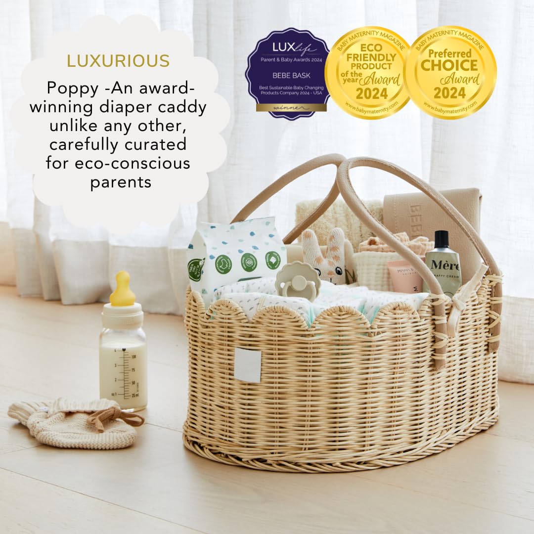 BEBE BASK Premium Baby Diaper Caddy Organizer - Handmade & Award-Winning Scalloped Rattan Basket - Luxury Diaper Caddy Basket - Elegant Scalloped Edge (Natural)