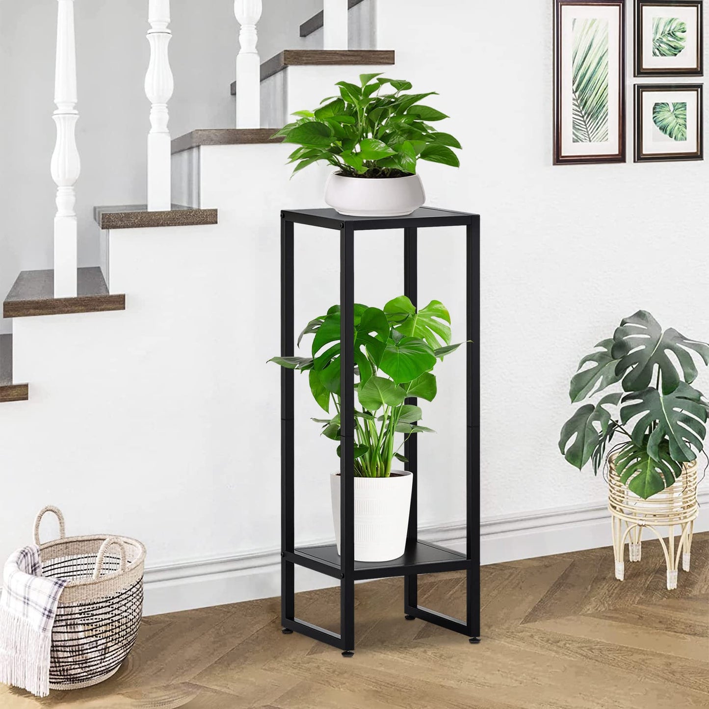 37.4" Tall Plant Stands Indoor, Plant Stand indoor Tall ,Plant Pedestal stand,Black Metal Plant Stands Indoor, 2- Tier Modern Corner Plant Stand Rack Shelves , Square Plant Tables for Corner Living