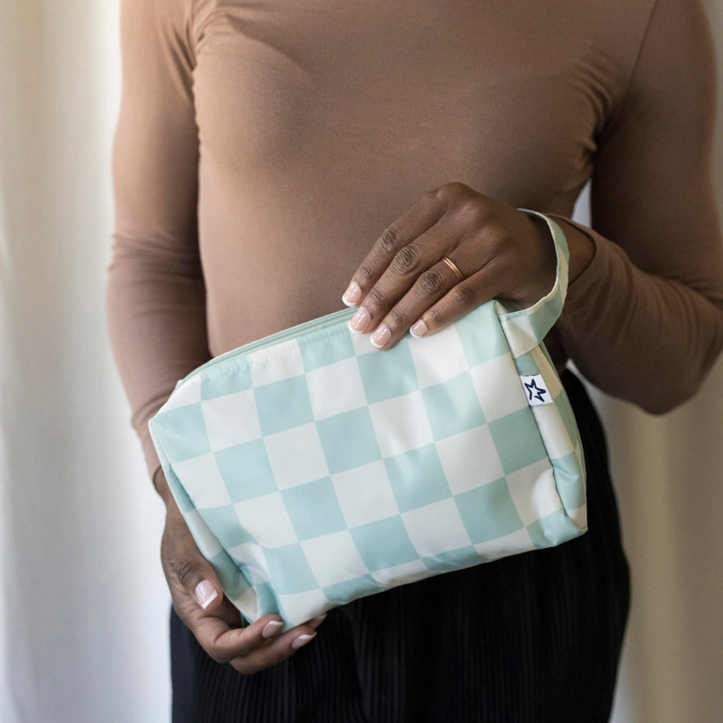 Tiny Twinkle Portable Waterproof Makeup Bag | Travel-Friendly Cosmetic Organizer with Convenient Carry Handle | Spacious Interior, and Secure Zipper Closure (Sage Checkers)