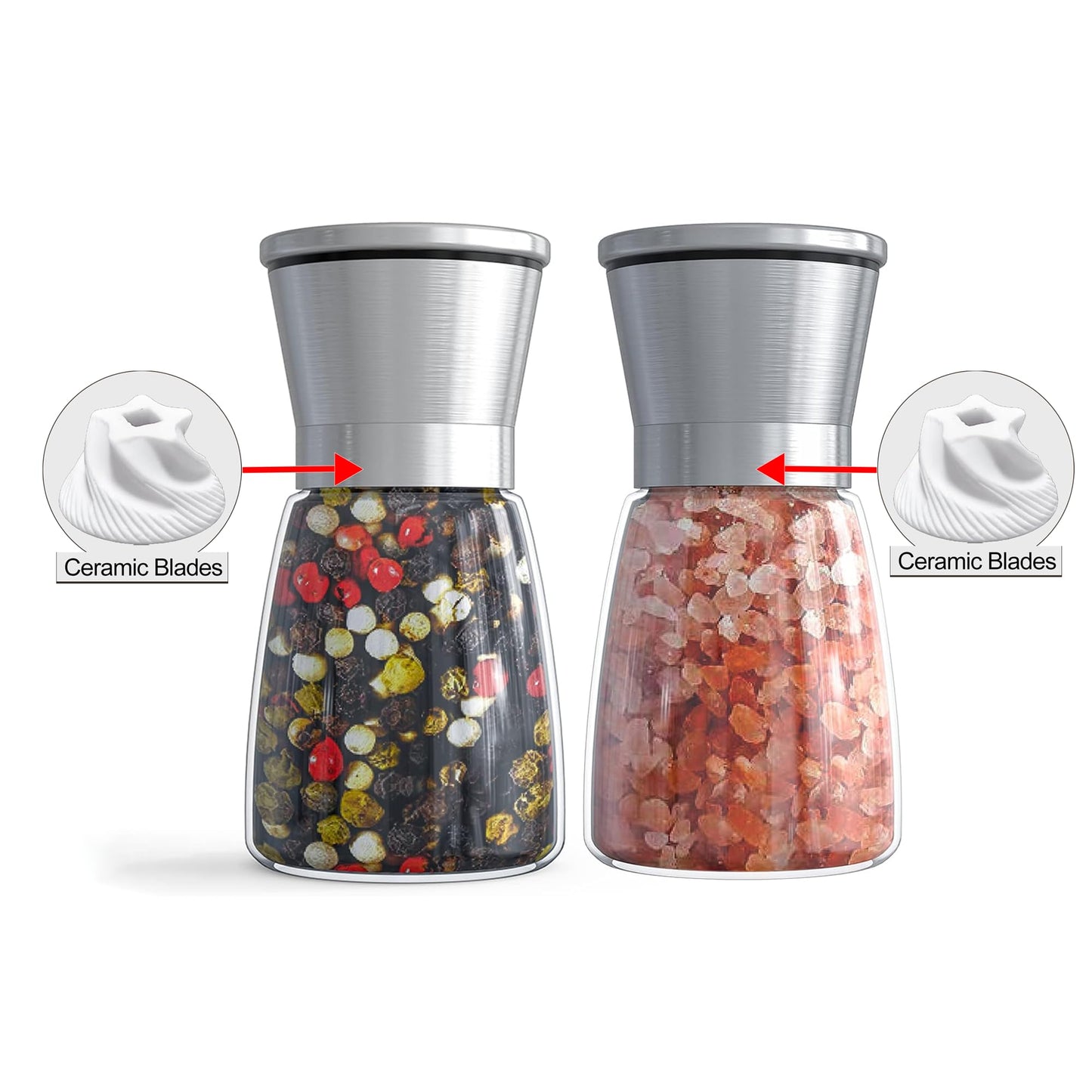 Ebaco Salt and Pepper Grinder Set - Refillable Grinder Adjustable Coarseness of Pepper Salt Spice Stainless Steel Mills Glass 6oz(2 Pack)