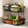 Astrorhine 2 Tier Fruit Basket for Kitchen with 2 Banana Hangers, Detachable Metal Fruit Bowl for Kitchen Counter with Wooden Handle, Large Capacity Storage Stand for Bread Snack Fruit Veggies, Black