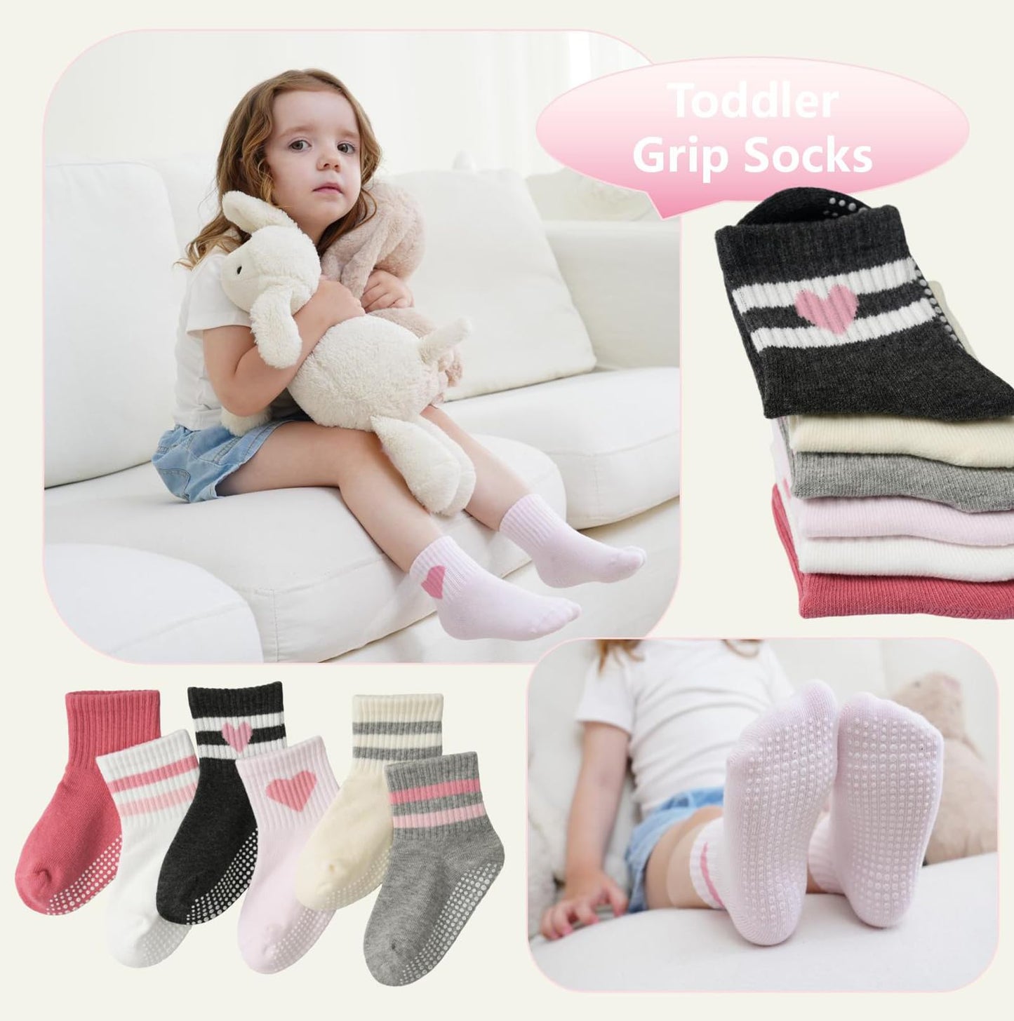 Wamvp Toddler Grip Socks with Non-Slip, Unisex Baby Retro Stripe Seamless Crew Ankle Cotton Socks for Girls Boys 6 Pairs,Pink 1-3T