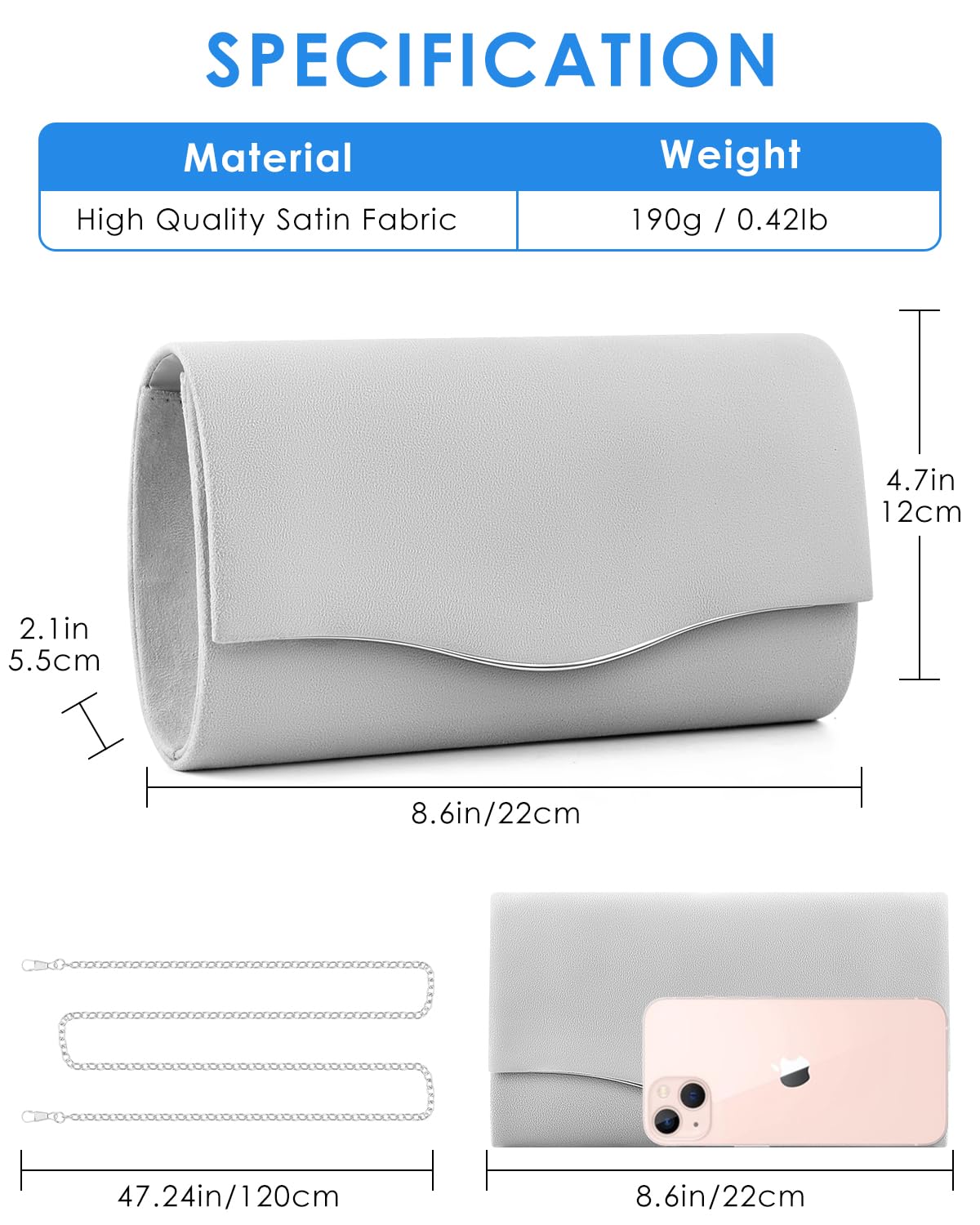 TINDTOP Clutch Purses for Women, Formal Evening Bags Suede Shoulder Envelope Party Handbags Wedding Cocktail Prom Clutches (Silver)