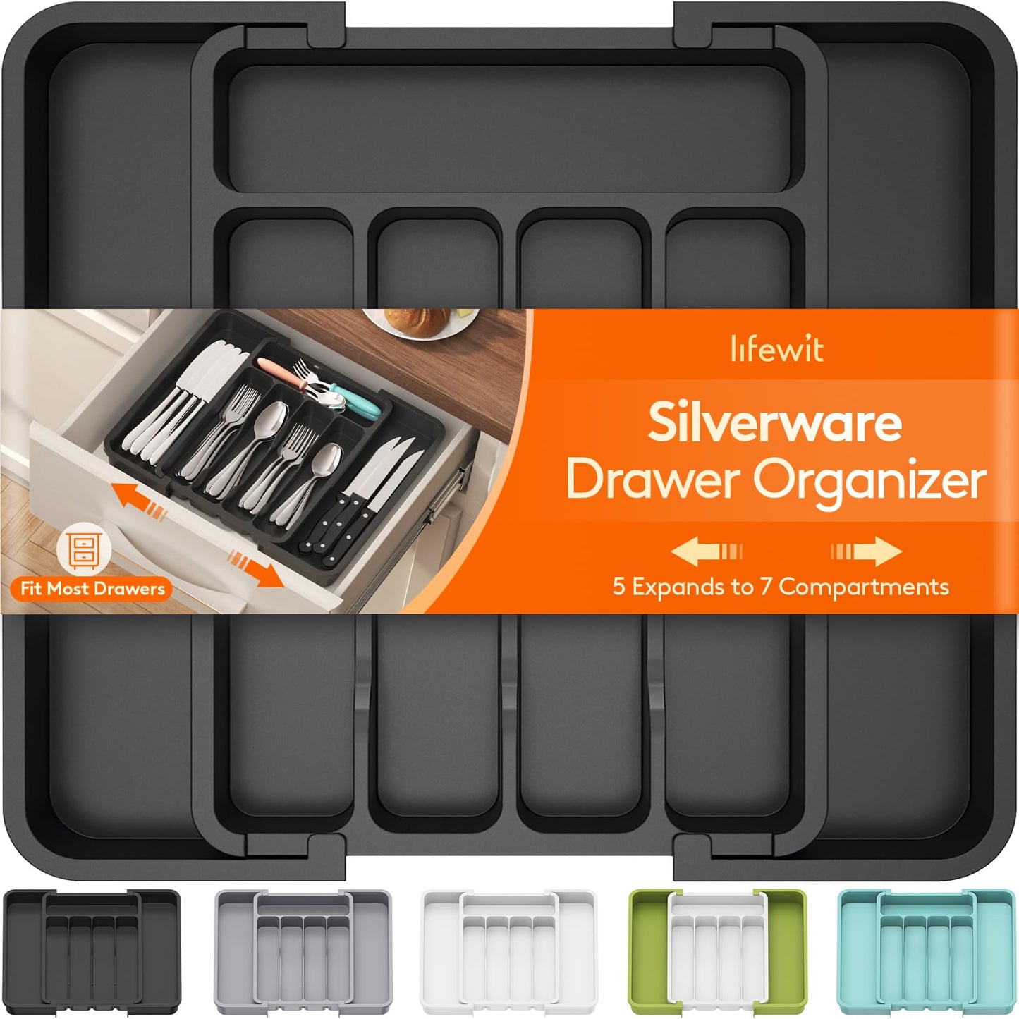Lifewit Silverware Drawer Organizer, Expandable BPA Free Utensil Tray for Kitchen, Adjustable Flatware and Cutlery Holder for Spoons Forks Knives, Plastic Kitchen Organizers and Storage, Black