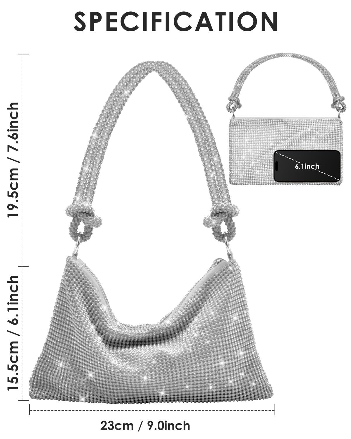 TINDTOP Rhinestone Evening Bag, Clutch Purse Women Sparkly Mini Handbags, Cross Body Hobo Bag for Cocktail Party Wedding