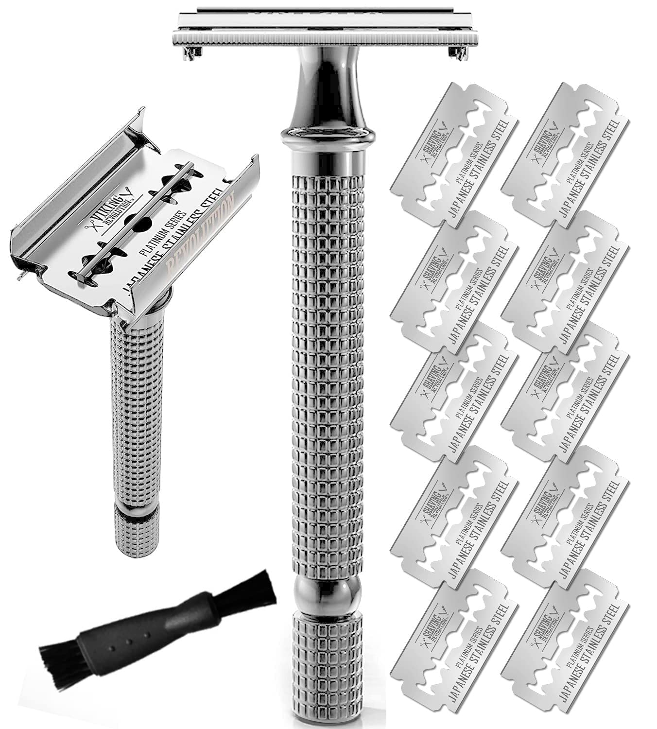 SHAVING REVOLUTION Long Handle Double Edge Safety Razor - Butterfly Open Razor 10 Japanese Stainless Steel Double Edge Blades - Close, Clean Shaving Razor Men., Black Long Handle, 12 Piece Set