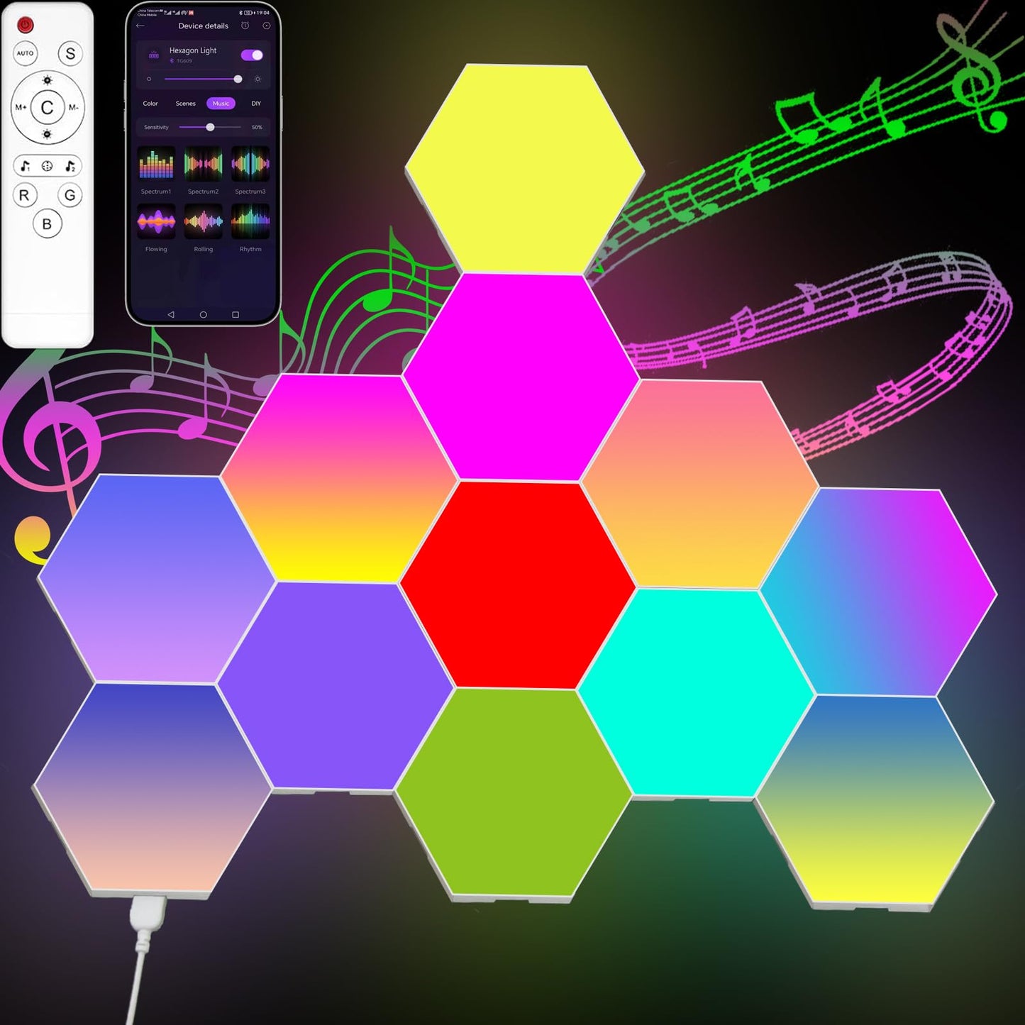 Hexagonal LED Wall Plate with Remote & App Control, 16 Million Colors Modular Light Panels, DIY Geometry Gaming Light