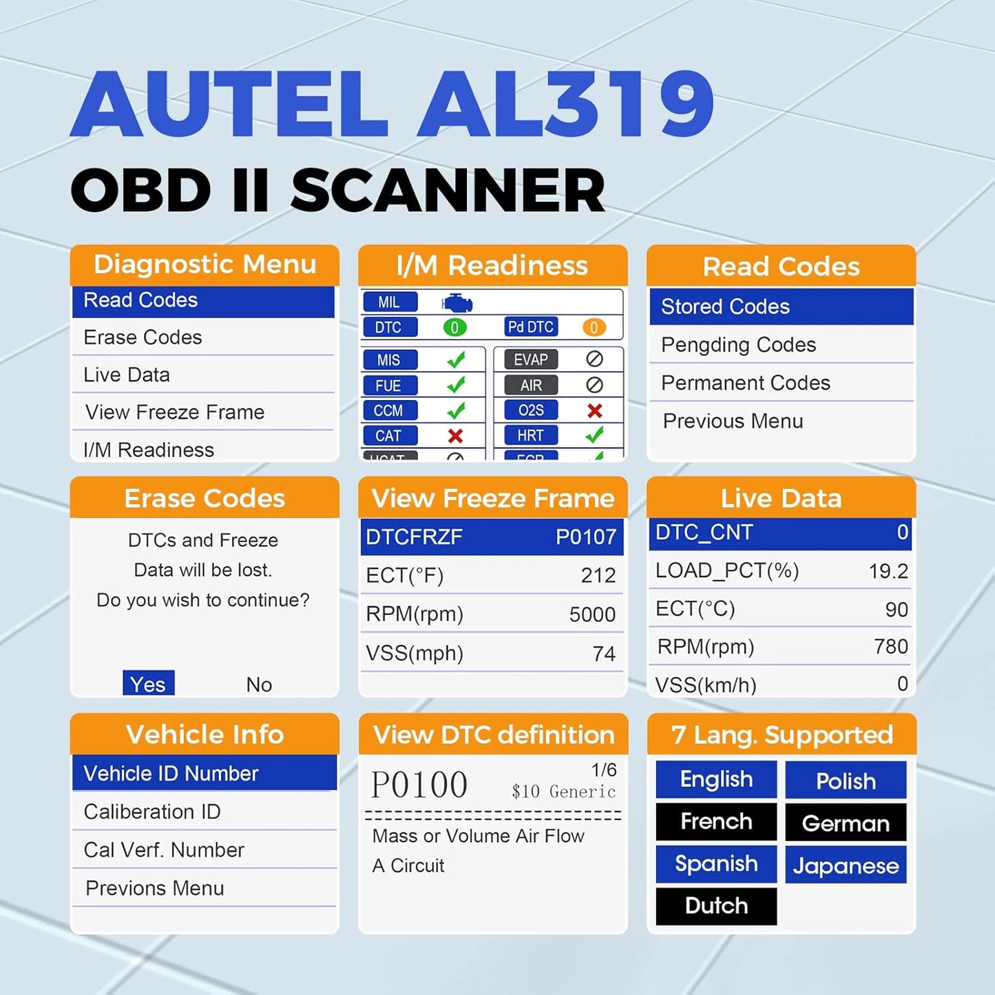 Autel Professional OBD2 Scanner AL319 Code Reader, Enhanced Check and Reset Engine Fault Code, Live Data, Freeze Frame, CAN Car Diagnostic Scan Tools for All OBDII Vehicles After 1996, 2025 Upgraded