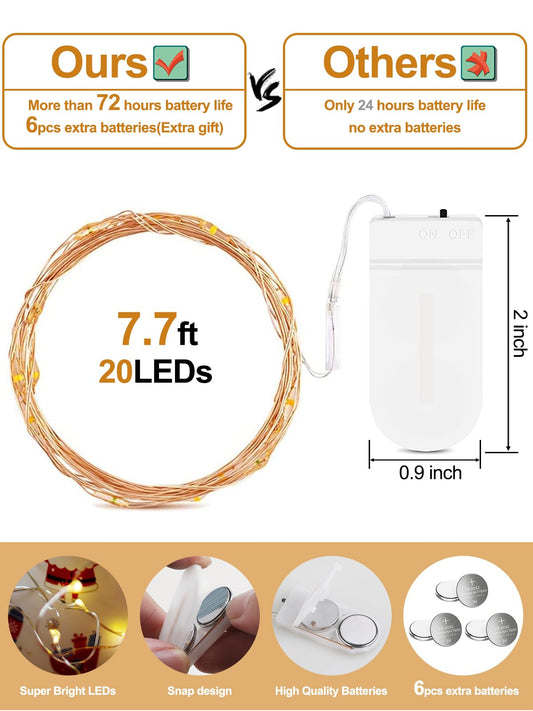 Fibevon Fairy Lights Battery Operated, 12-Pack 7.2ft w/20 LED Mini Lights Waterproof String Lights for Mason Jar/Centerpiece Table/Bedroom/Wedding/Valentines/Christmas/Outdoors/Indoor Decoration…