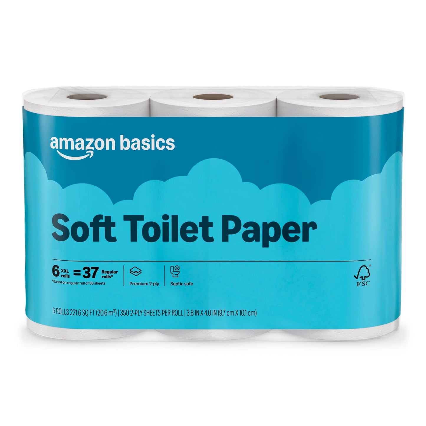 Amazon Basics 2-Ply Soft Toilet Paper, 6 Rolls (1 Pack of 6), Equivalent to 37 Regular Rolls, Packaging May Vary