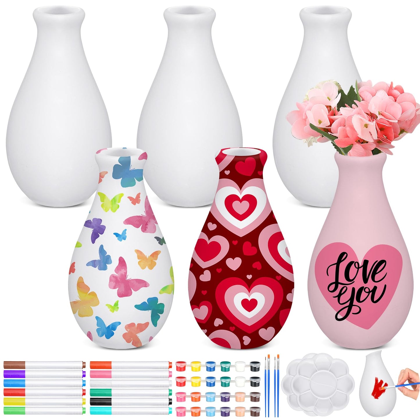 Singhoow 6 Set Paint Your Own Porcelain Vases Paint Vase Project White Ceramic Vases Painting Kit for Adults Porcelain Vase Decorating Kit with Art Supplies DIY Craft(Bright)