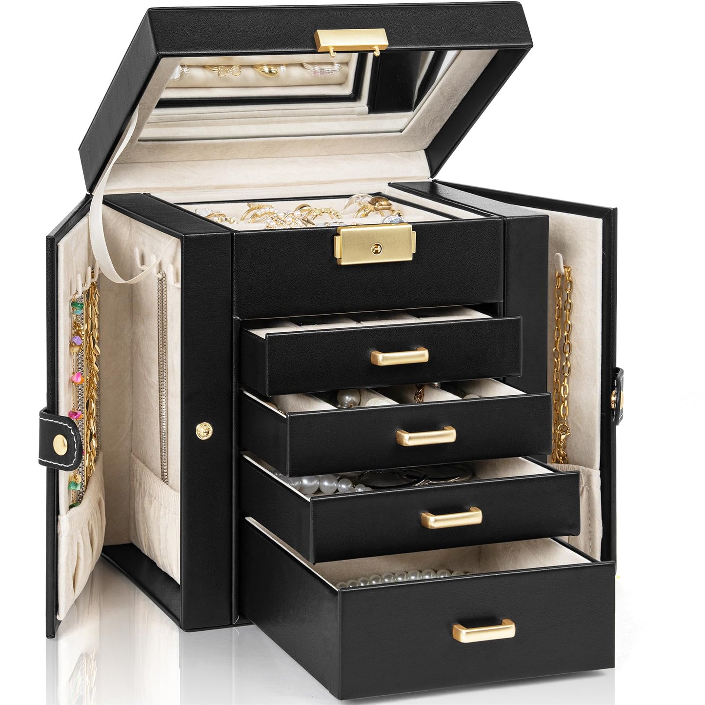 AKOZLIN 5-Tier Jewelry Box Leather Jewelry Storage Organizer with 4 Drawers Lockable for Women Girls Ring Necklace Earring Bracelet Watches Holder with Mirror Black