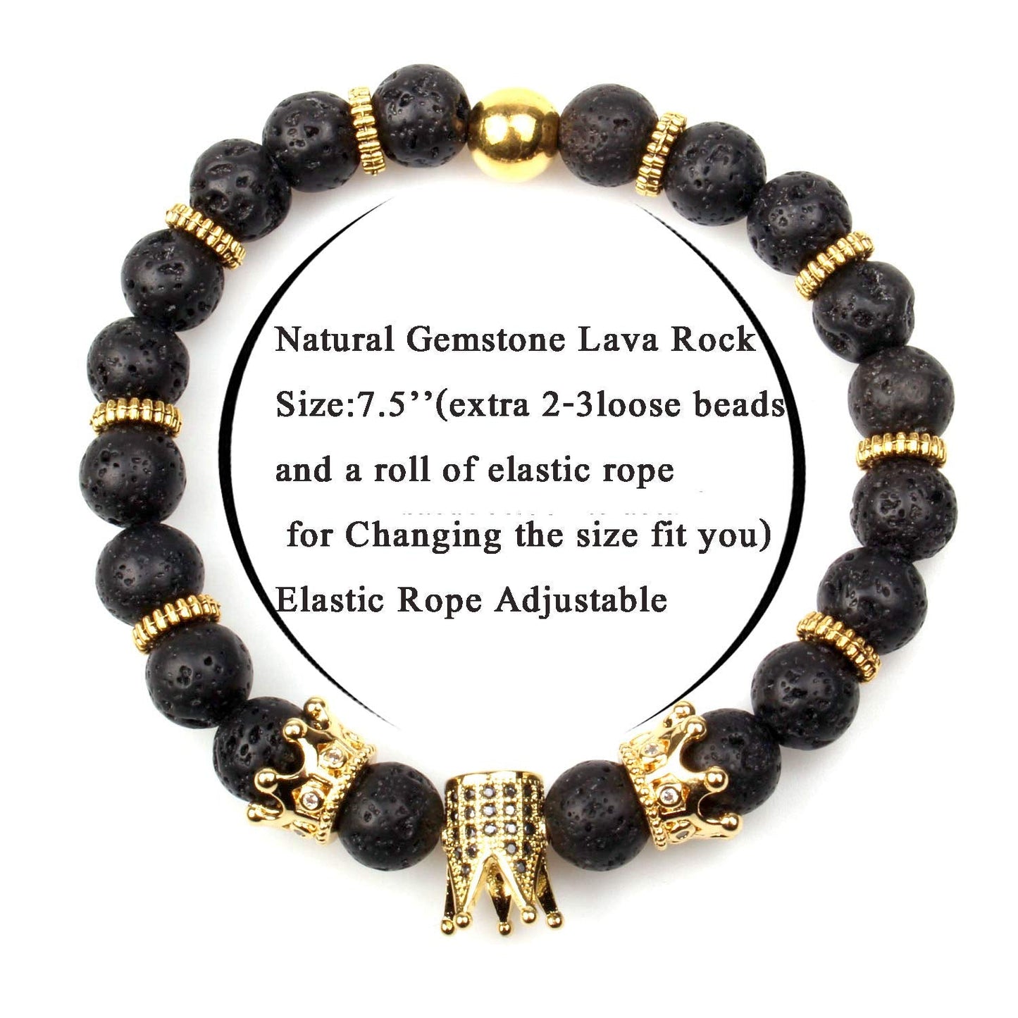 GVUSMIL Imperial Crown Bead Bracelet King&Queen Luxury Charm Couple Jewelry for Women Men (Black Lava Rock)