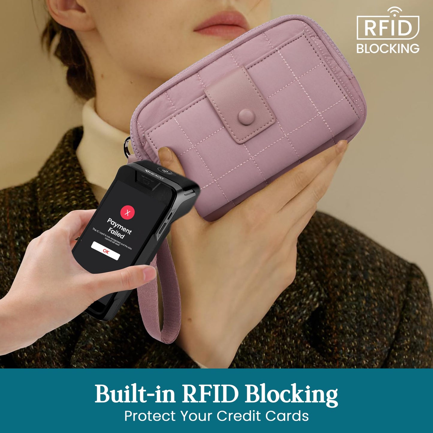 befen Wristlet Wallets for Women, Quilted Nylon Wallet Clutch Purse with 10 Card Slots, Credit Card Holder with RFID Blocking Phone Organizer, Puffer Womens Wallets, Pink