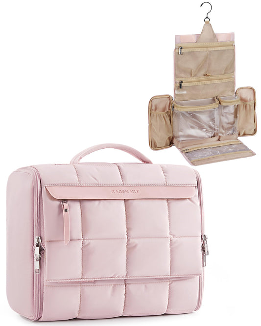 BAGSMART Travel Toiletry Bag, Extra Large Full-open Hanging Toiletry Bag for Women, Puffy Cosmetic Makeup Bag Organizer with Handle for Accessories, Essentials, Toiletries (Dark Pink)