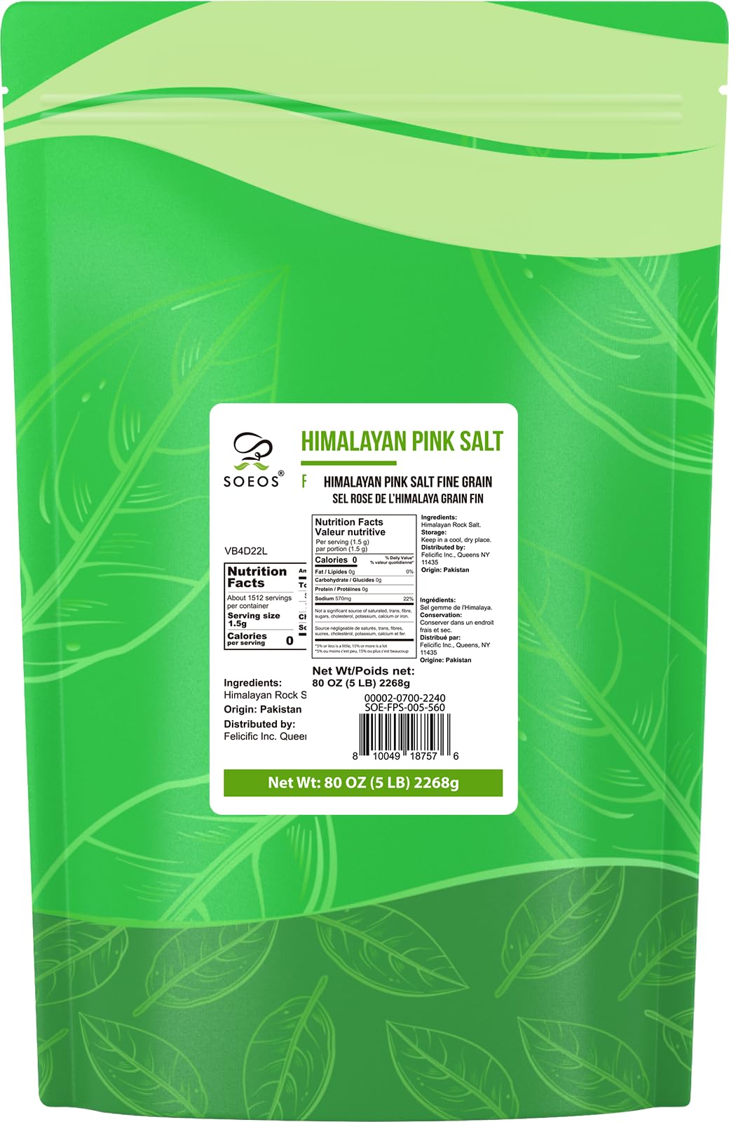 Soeos Himalayan Pink Salt, Fine Grain, 5 Lbs, Non-GMO, Pink Himalayan Sea Salt, Kosher Salt, Salt for Grinder Refill