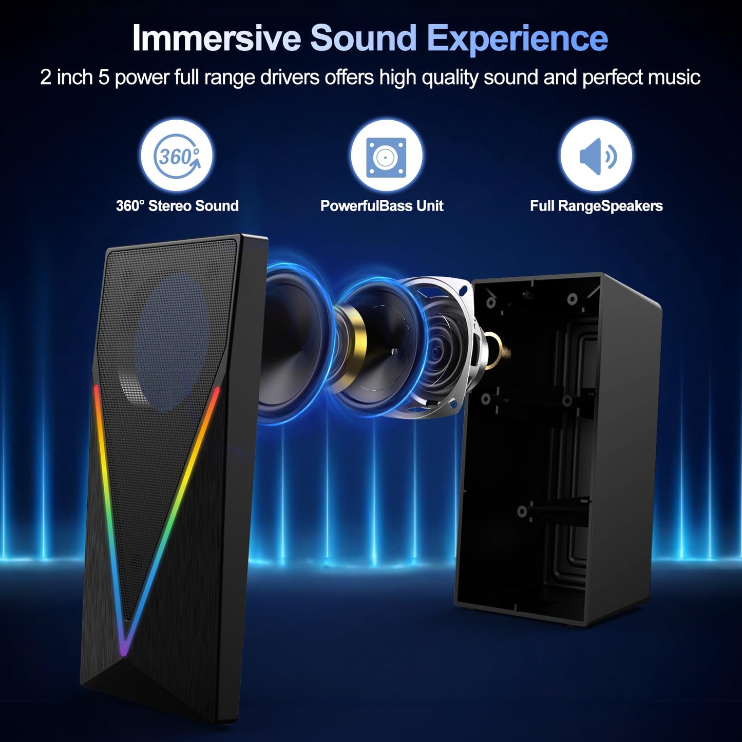 RGB Desktop Speakers with Enhanced Bass, Volume Control & 6 Colorful Lights - USB Powered & 3.5mm Aux Gaming Speakers for Laptop, PC, Tablet, Phone