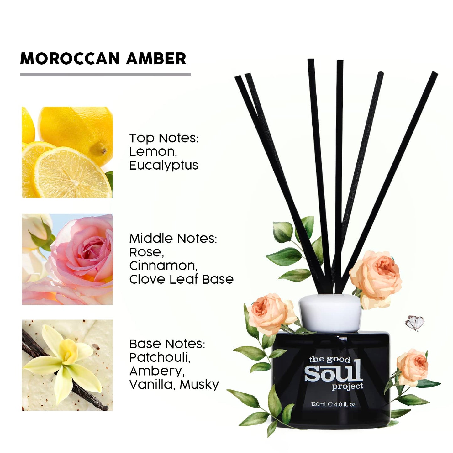 THE GOOD SOUL PROJECT Reed Diffuser Set, Morrocan Amber Scented Oil Diffuser for Bathroom, Bedroom, Home Fragance Air Freshener