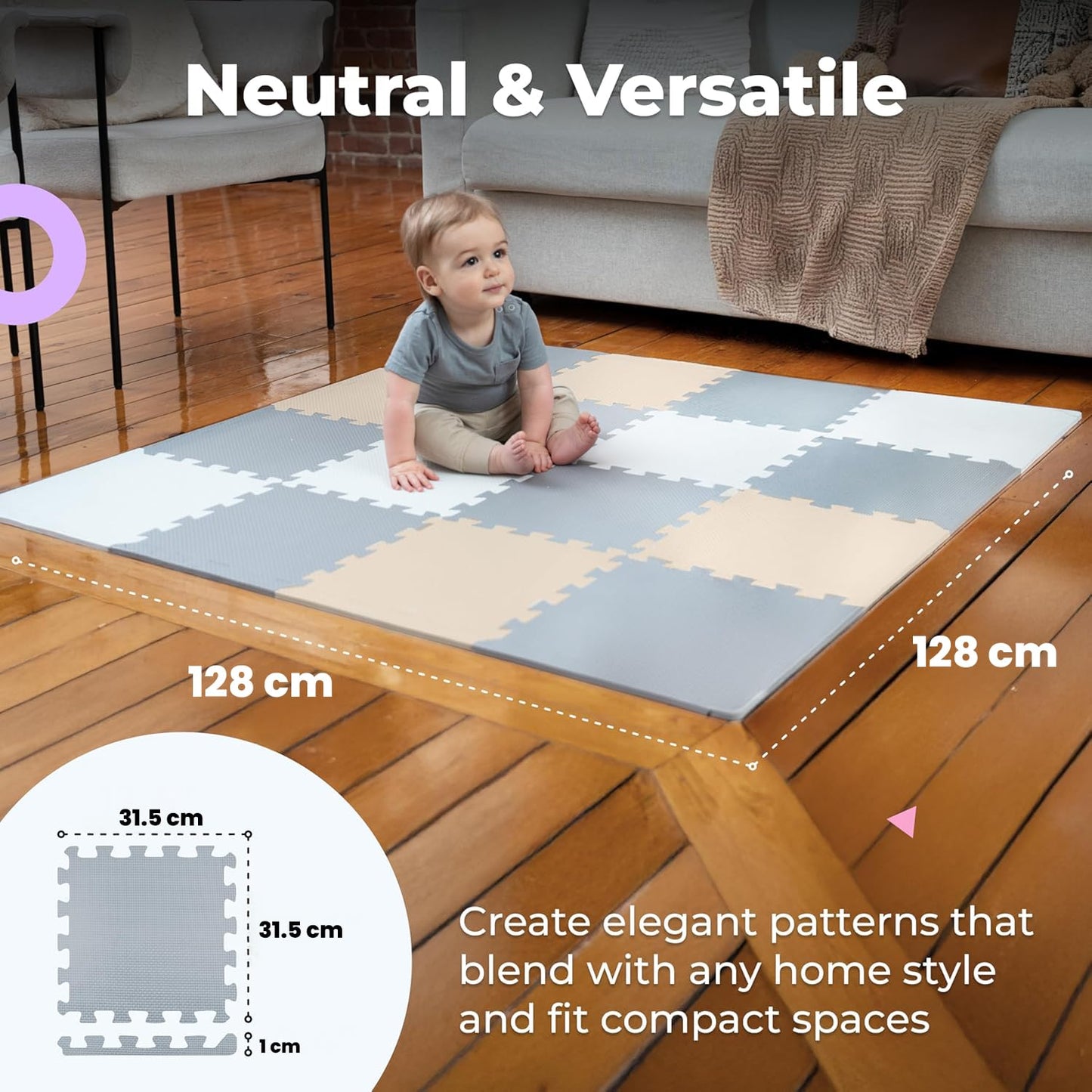 MioTetto Foam Floor Tiles for Kids - Non-Toxic Comfortable Baby Play Mat and Interlocking Foam Tiles, Fits with 50x50 Playpen Mat for Crawling & Development, Soft Play Mat for Babies 6-12 Months