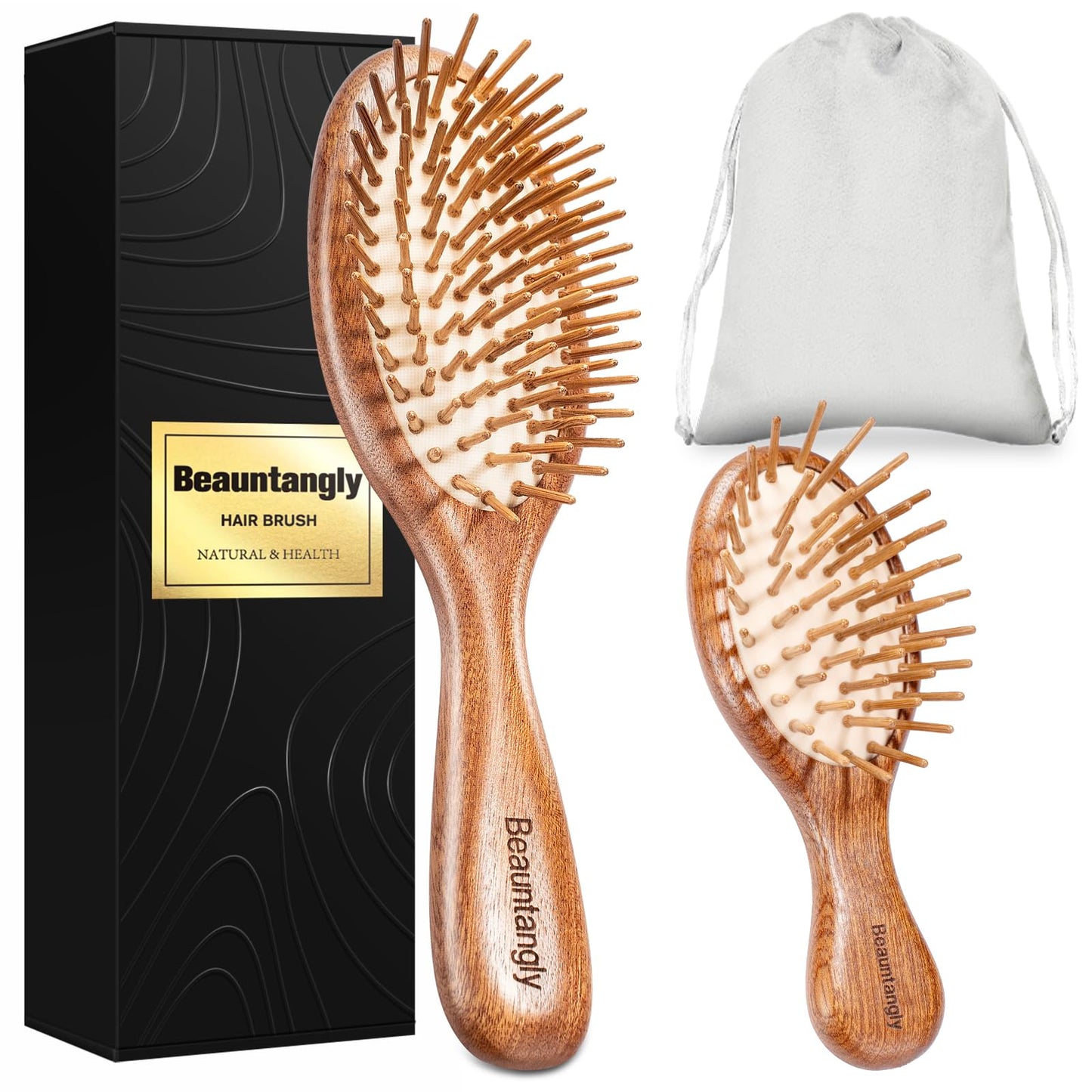 Beauntangly Hair Brush Set, Natural Bamboo Bristles Hairbrush for Hair Growth, Mini Brush for Women Men Kids Thick Curly Thin Long Short Wet Dry Hair No More Tangle, Detangling Massaging Scalp