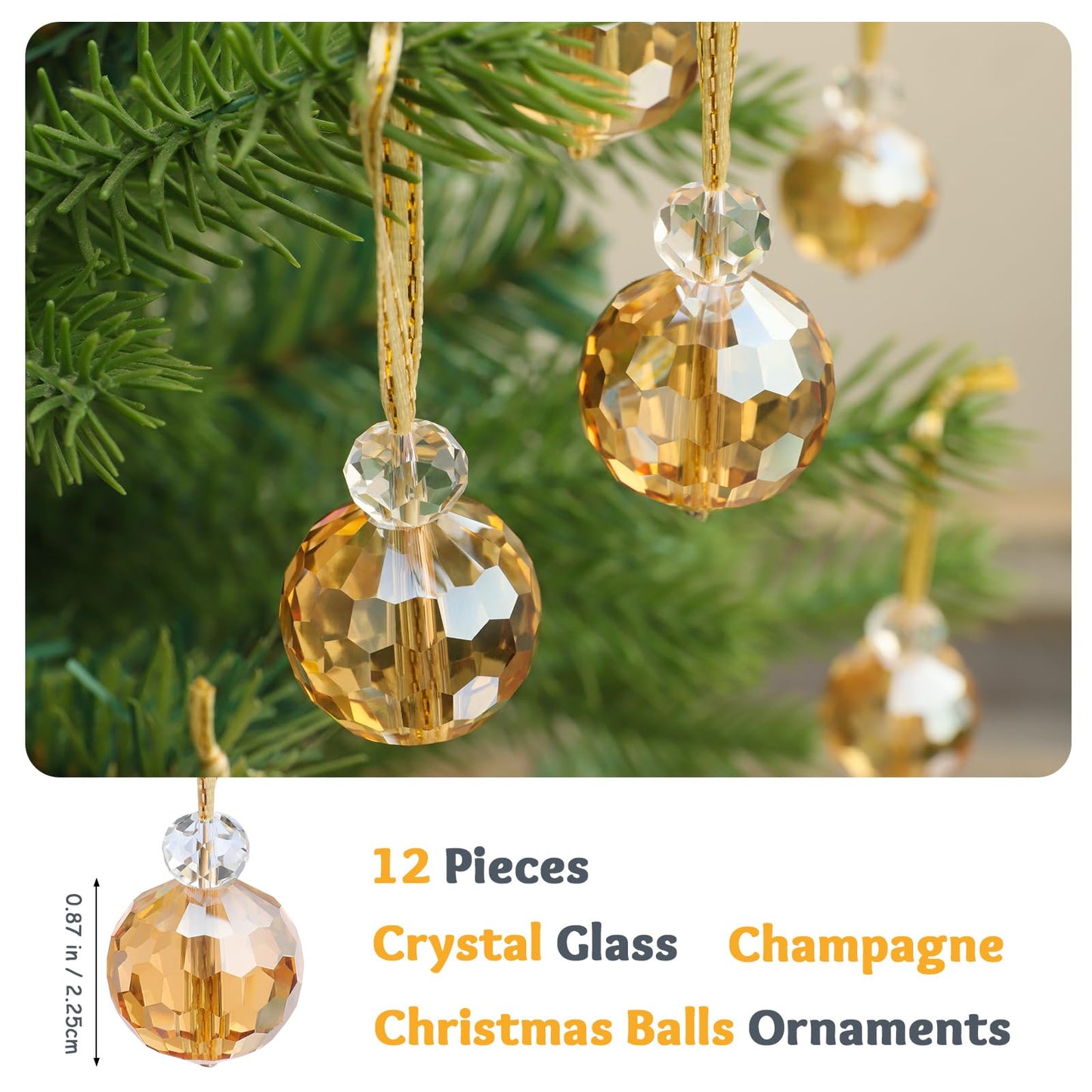 12 Pcs Crystal Glass Christmas Balls Ornaments, 0.87" Mini Prism Ball Christmas Tree Decorations, Hanging Crystal Ornament Clearance for Xmas Wedding Party Home Decor (Gold)
