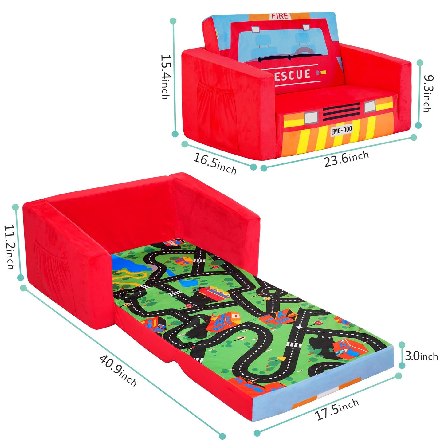 MallBest Kids Sofas Children's Sofa Bed Baby's Upholstered Couch Sleepover Chair Flipout Open Recliner(Red/Fire Truck)