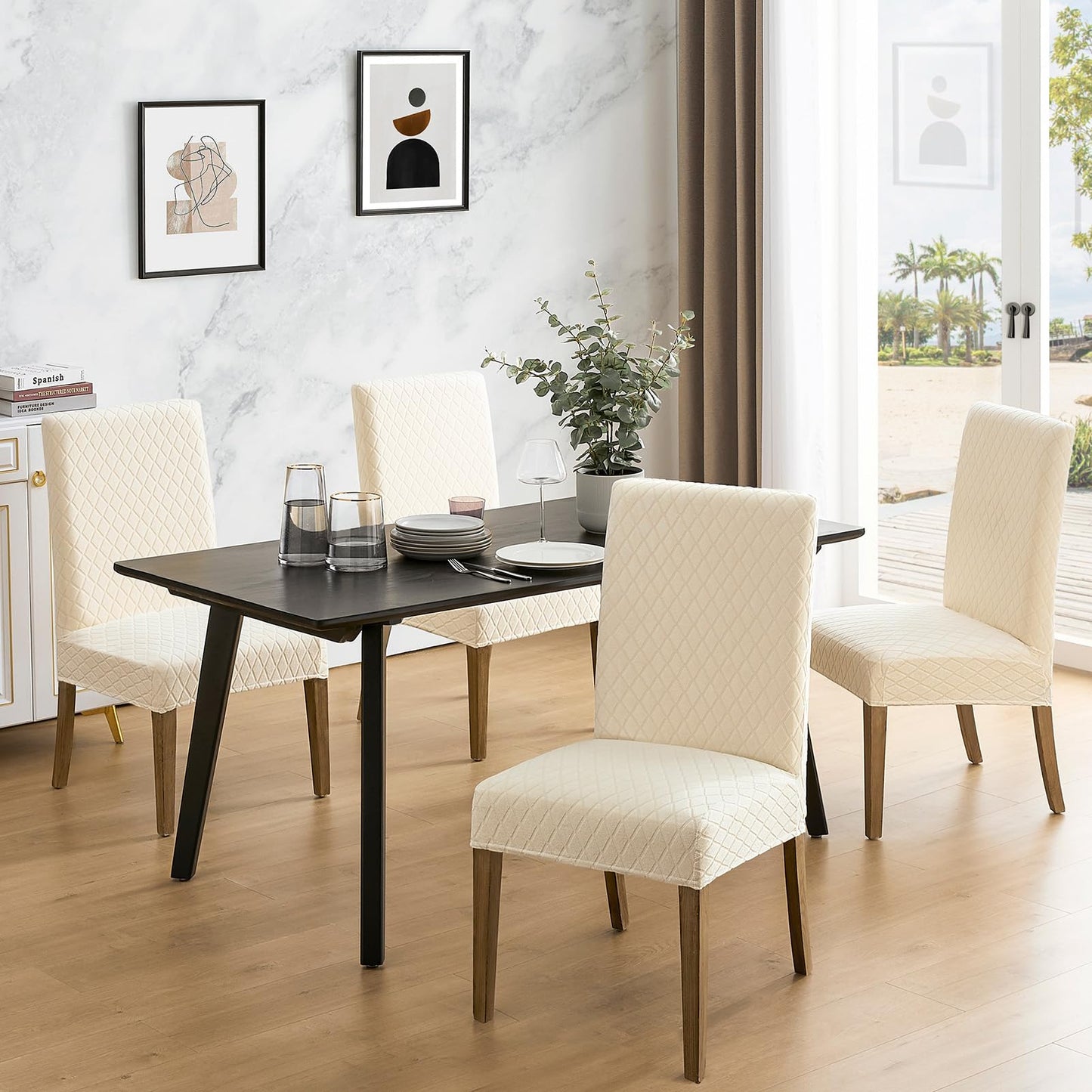 MOSAYT 100% Waterproof Dining Room Chair Covers Set of 4, Super Fit Stretch Jacquard Parson Chairs Slipcovers Removable Washable Chair Seat Protectors for Home, Kitchen, Banquet (Beige)