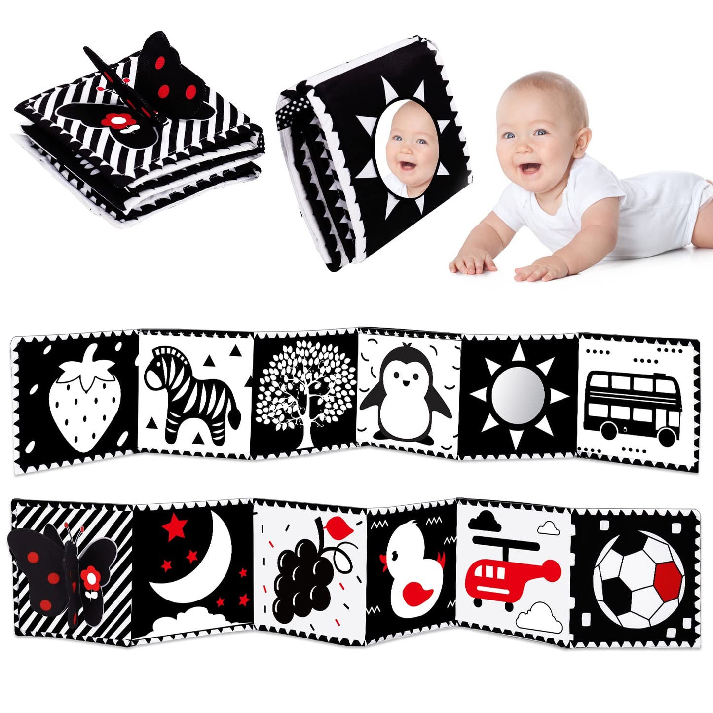 4 PCS Black and White High Contrast Baby Toys 0-3-6 Months Newborn Essential Montessori Toy for Babies Crinkle Sensory Book Brain Development Tummy Time Mirror Infant Carseat Rattle Easter Shower Gift